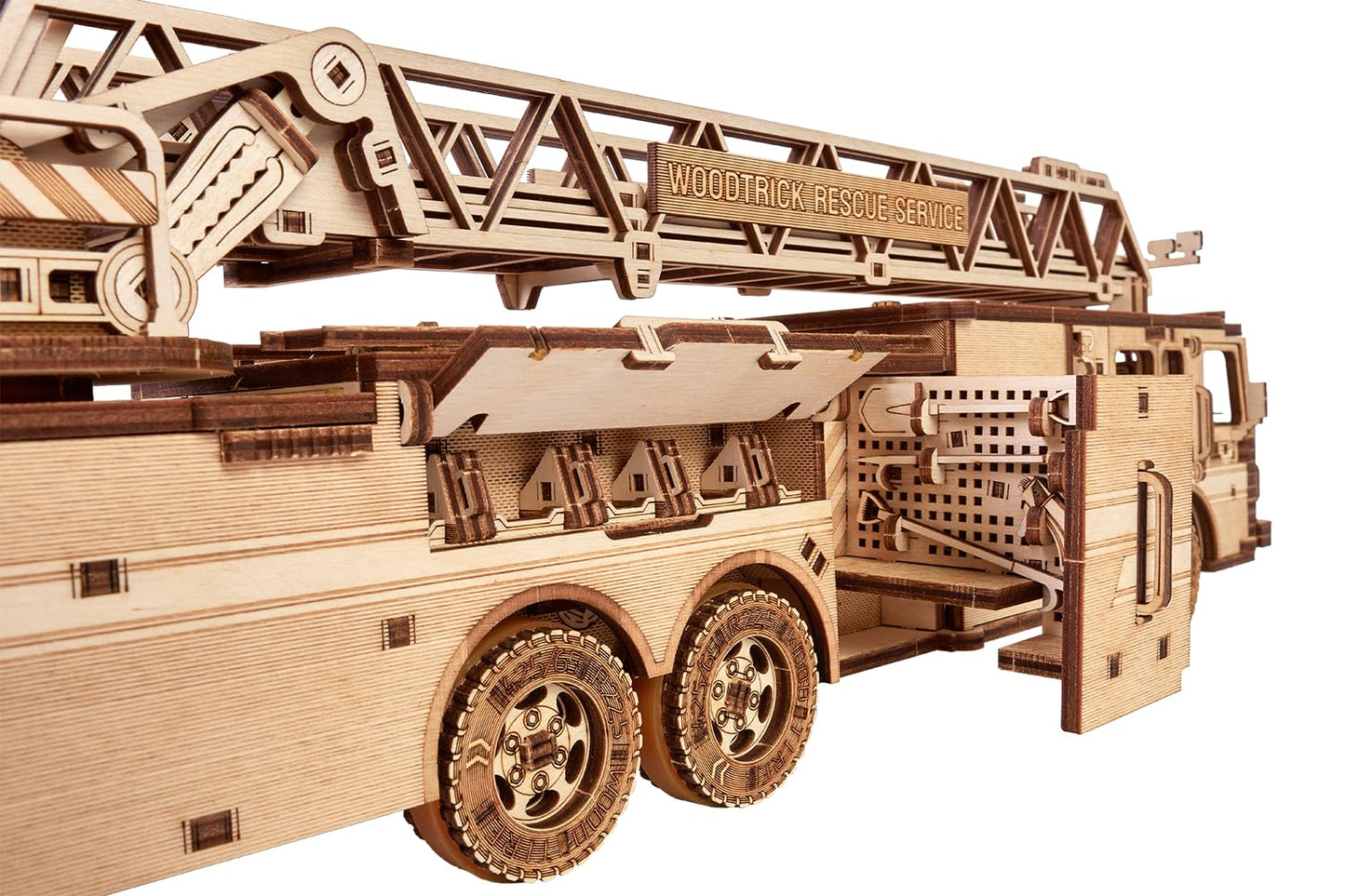 Wood Trick Rescue Firetruck Movable – 3D Wooden Model Kit with Rotating Ladder