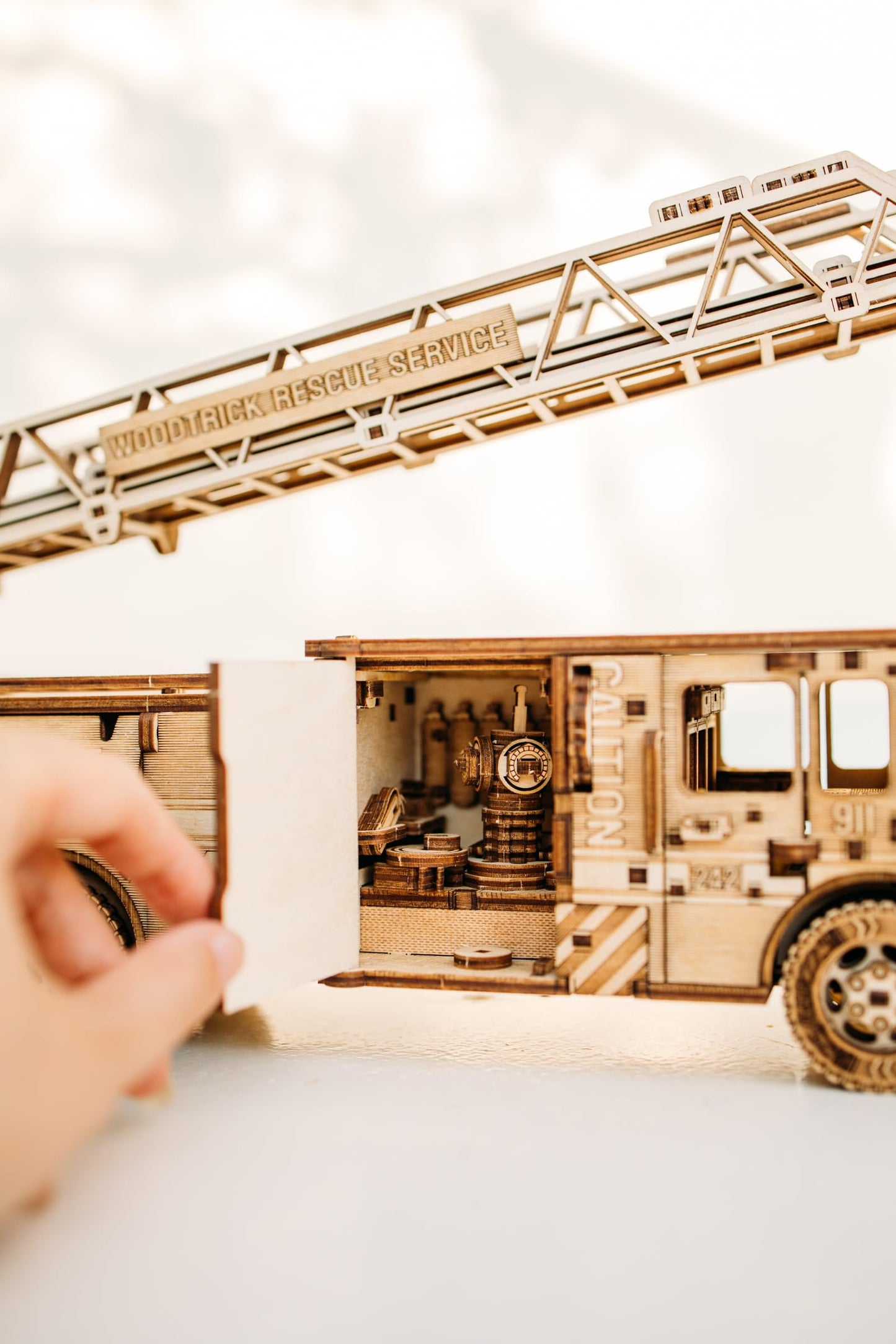 Wood Trick Rescue Firetruck Movable – 3D Wooden Model Kit with Rotating Ladder