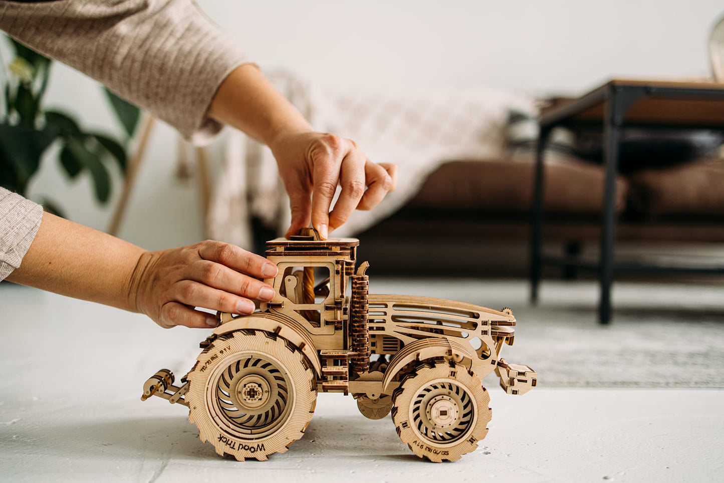 Wood Trick Wooden Mechanical Tractor Model Kit – 401-Piece, 11x7 in, 2 Speeds, Rubber Band Motor