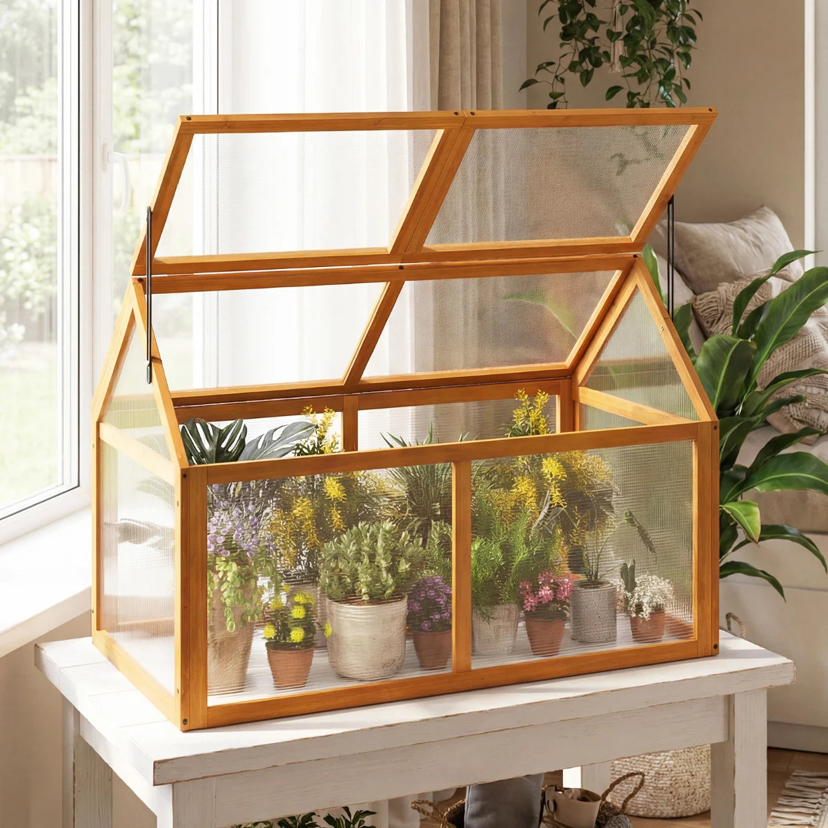 Portable Wood Cold Frame Greenhouse with Transparent Panels-Orange