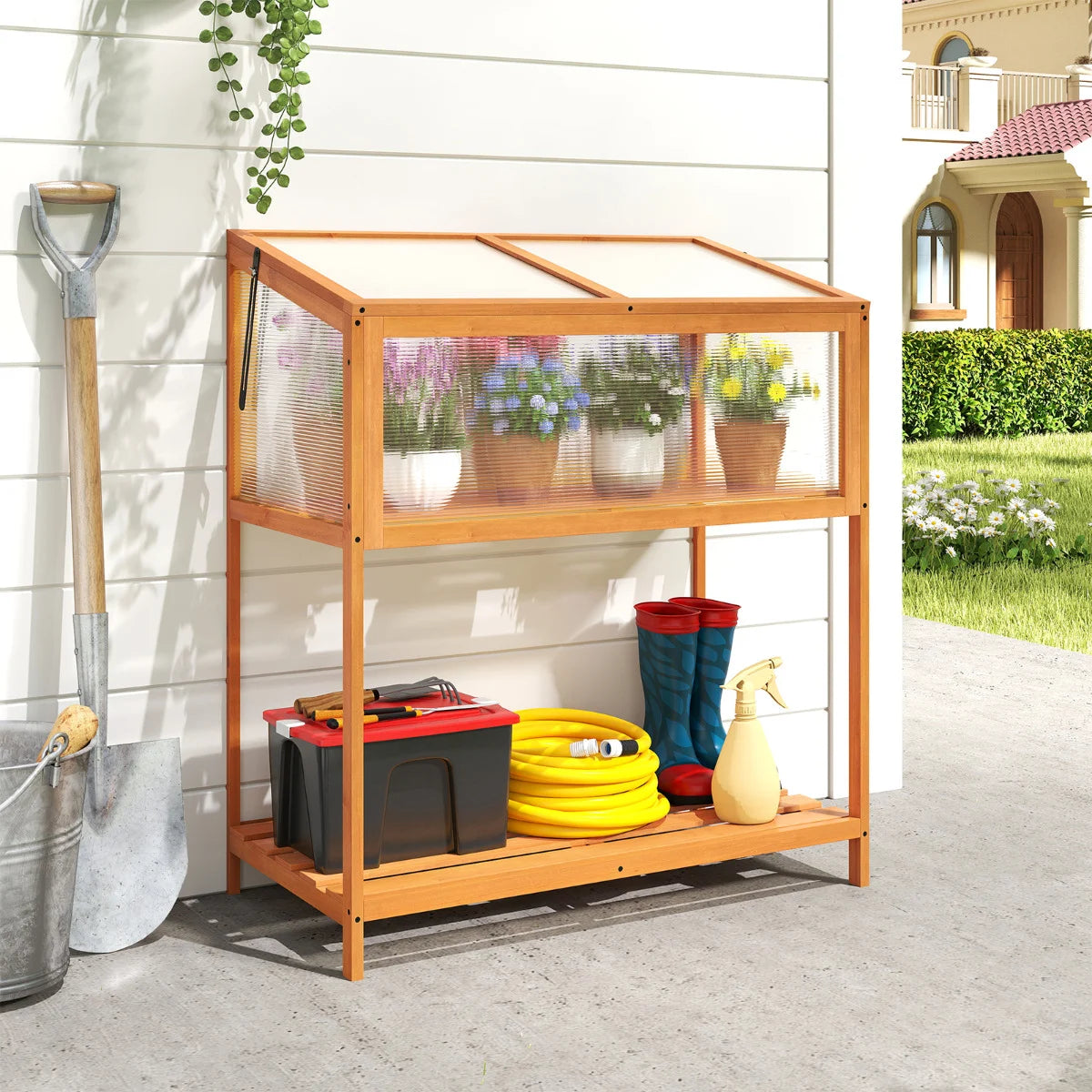 Wood Cold Frame Greenhouse with Slatted Storage Shelf-Orange
