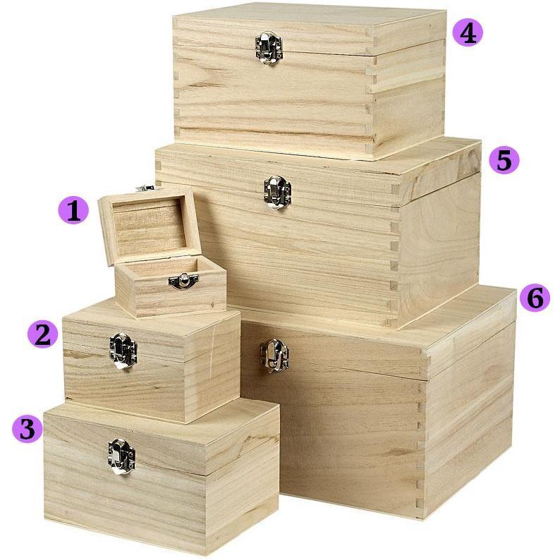 Wooden Box With Hinged Lid Treasure Memory Chests Storage Metal Clasps - Choose Size