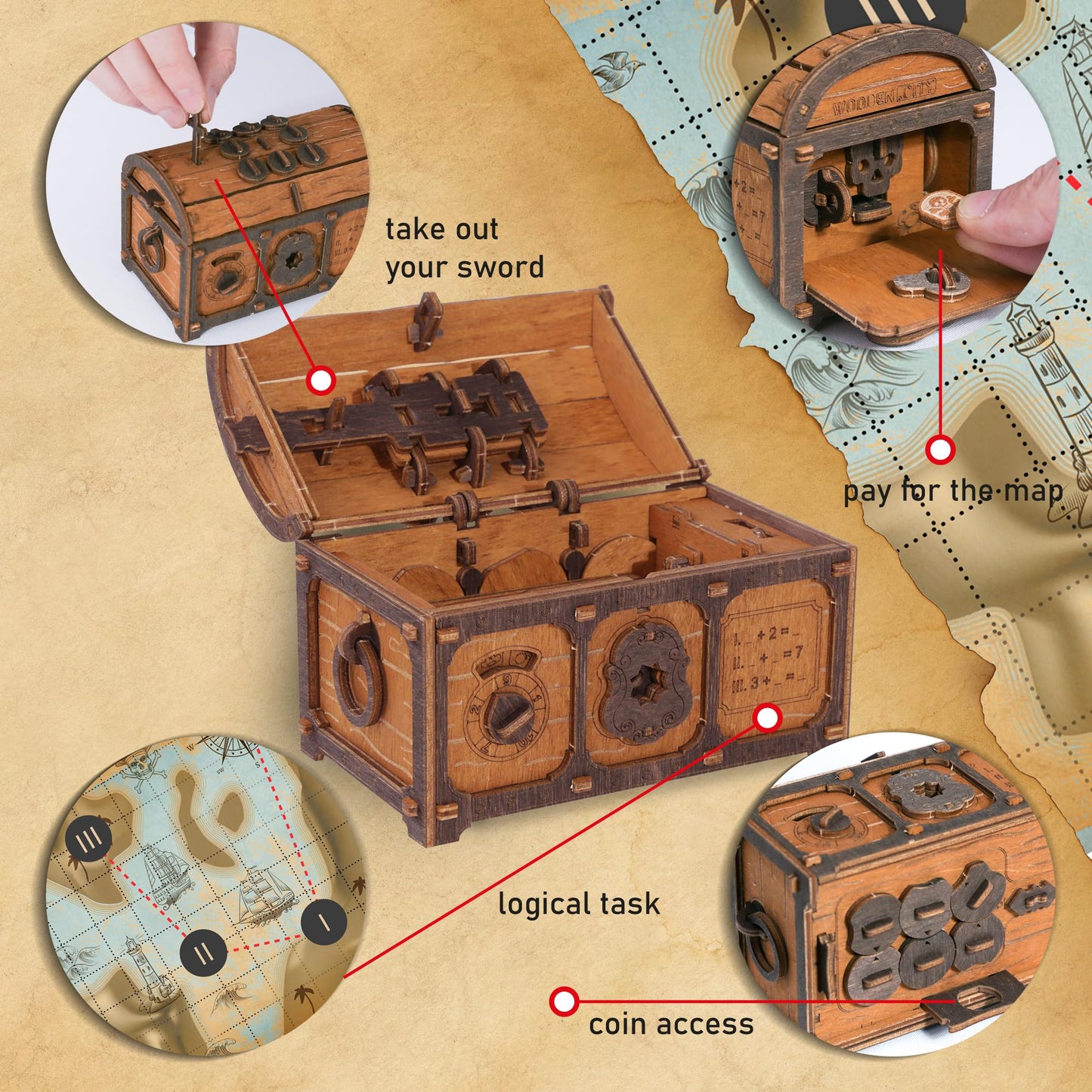 WOODEN.CITY Treasure Chest Puzzle Box for Adults – 3D Puzzle, Secret Opening, 165 Pieces