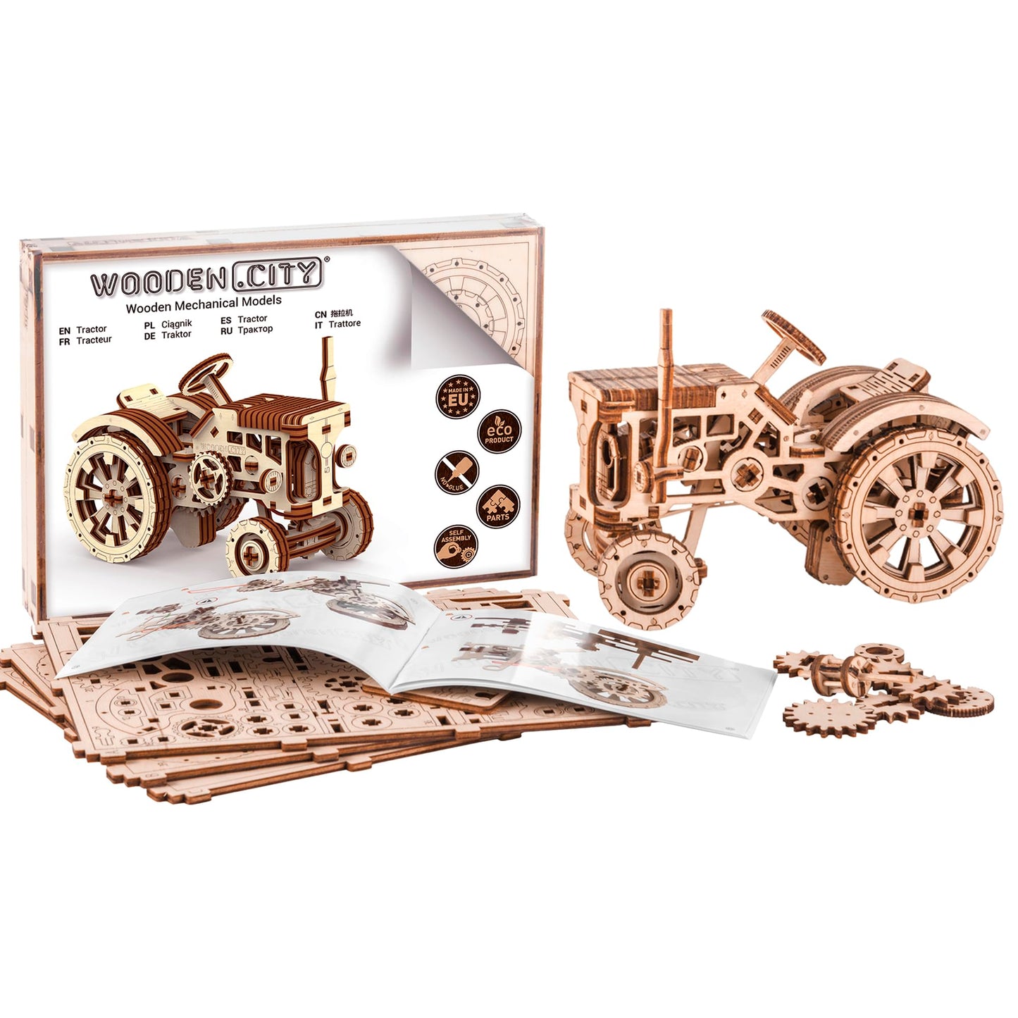 WOODEN.CITY Tractor 3D Puzzle for Adults – 148-Piece Moving-Wheel Mechanical Farm Tractor, EU-Made