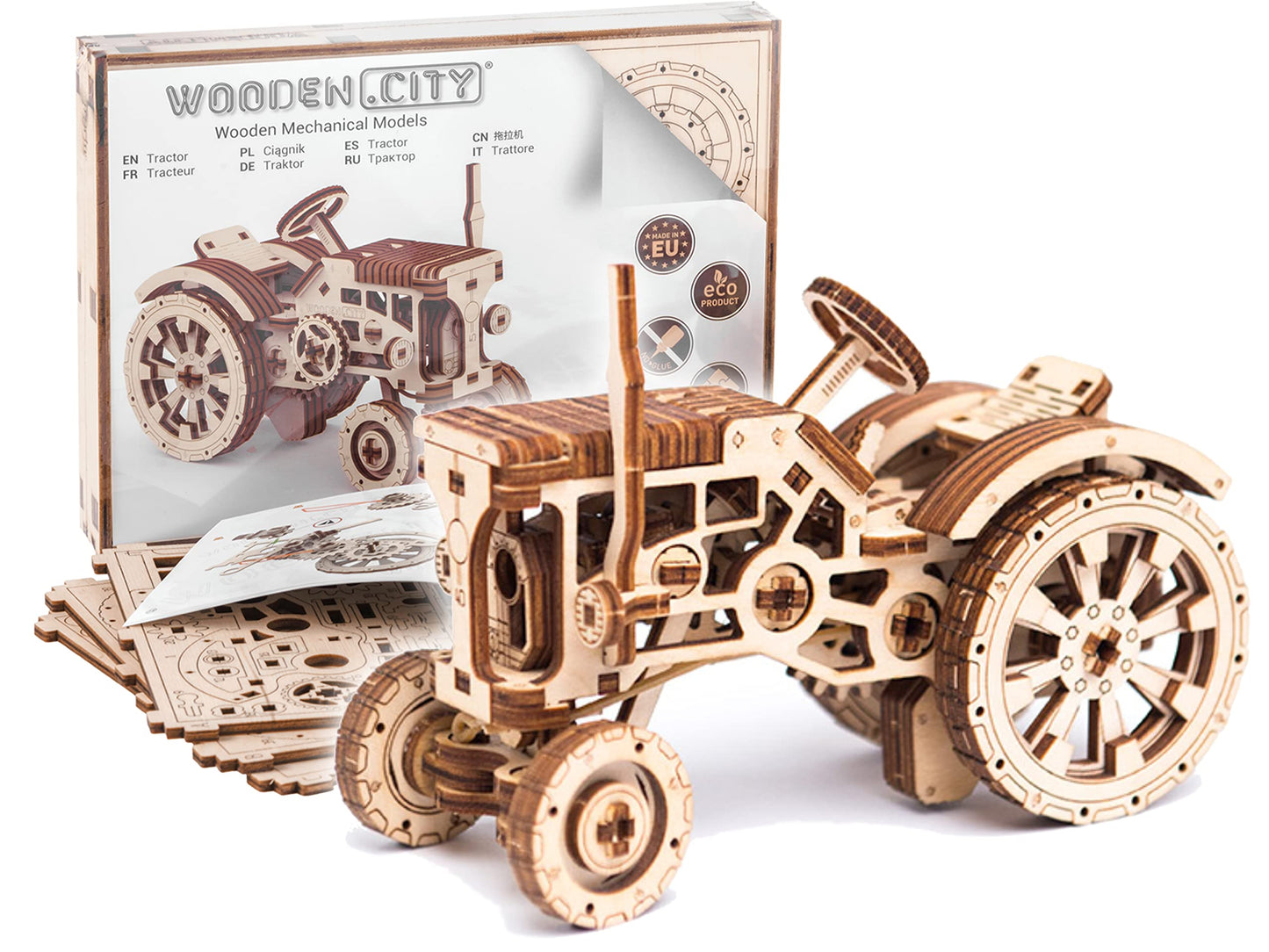 WOODEN.CITY Tractor 3D Puzzle for Adults – 148-Piece Moving-Wheel Mechanical Farm Tractor, EU-Made