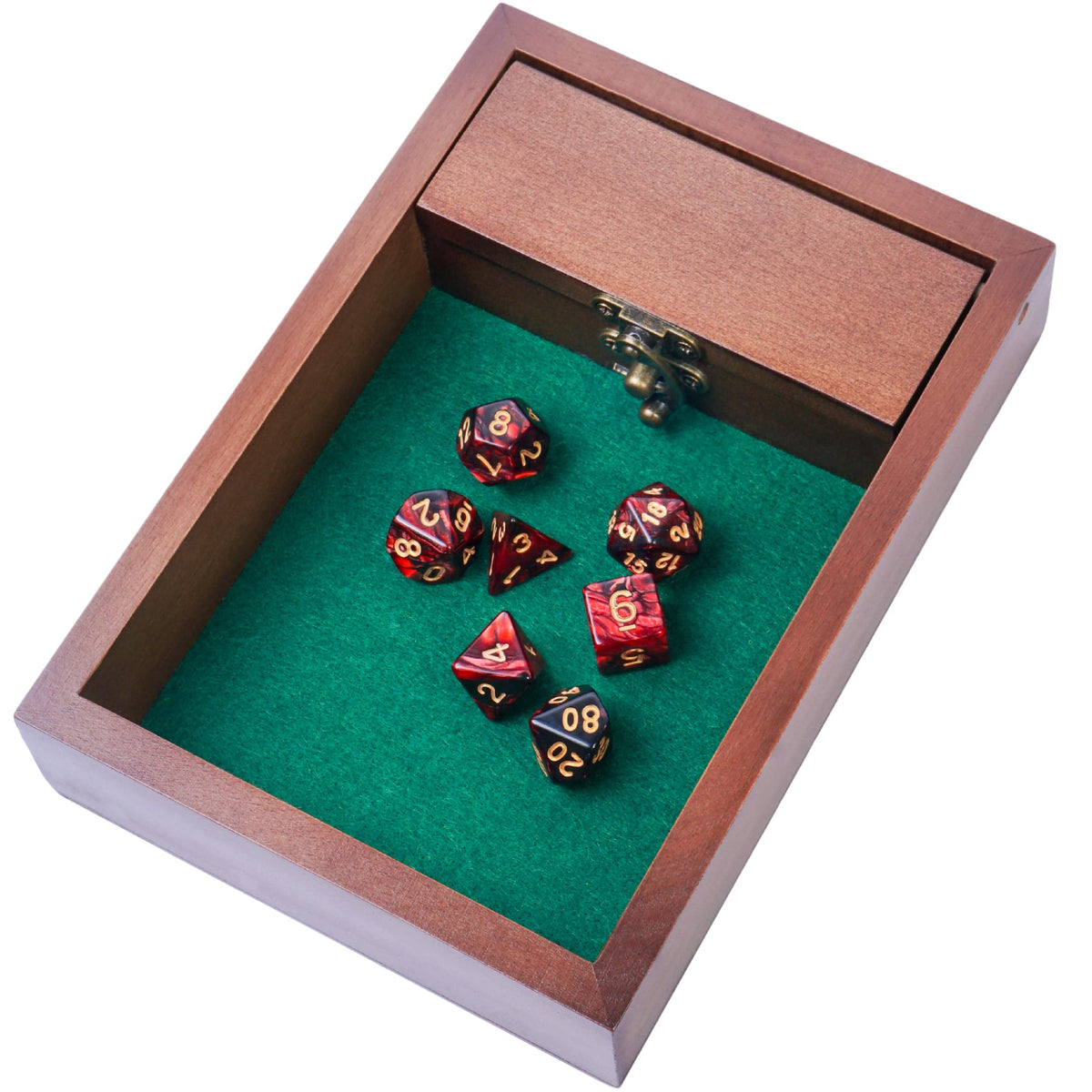 Wooden D&D Dice Tray with Storage Vault — Beech Wood, Green Felt, Metal Latch | Travel Gift