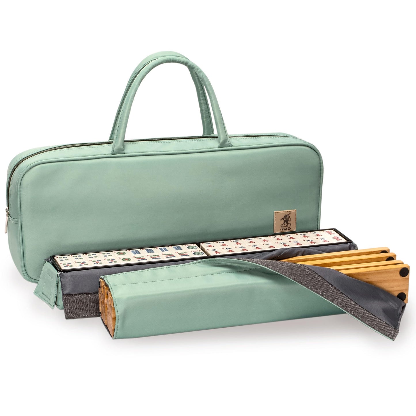 Yellow Mountain Imports American Mahjong Set — Celadon Koi, Mint Green Case, 4 Wooden Racks, Coins, Dice, Wind Indicator