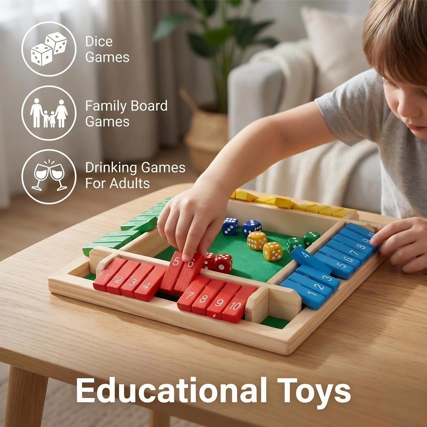 Wooden Shut The Box Dice Game - 2-4 Player Deluxe Family Math Toy