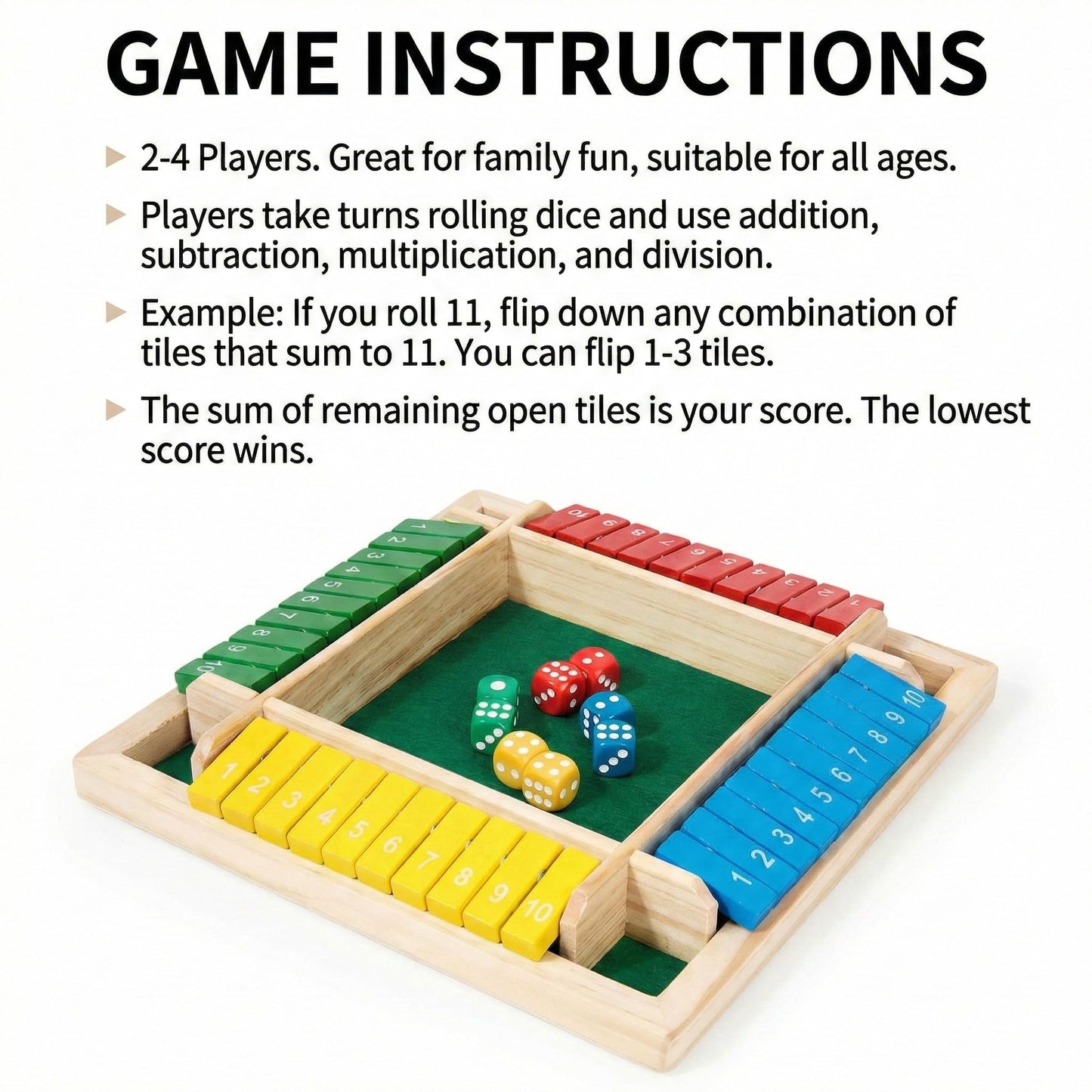 Wooden Shut The Box Dice Game - 2-4 Player Deluxe Family Math Toy