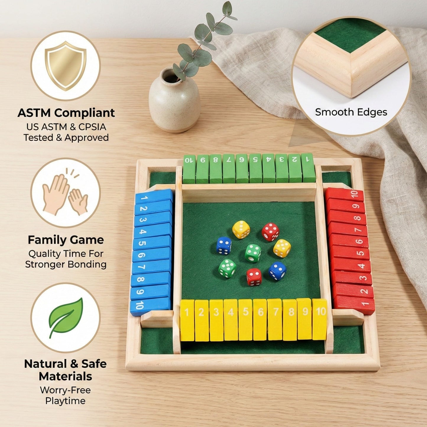 Wooden Shut The Box Dice Game - 2-4 Player Deluxe Family Math Toy