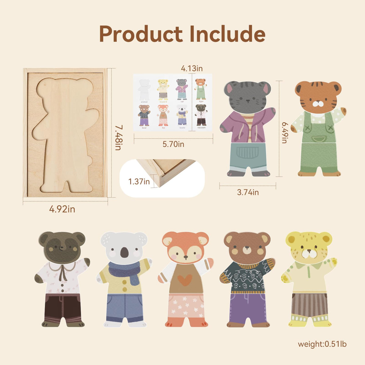 WOODEN TEETHER: Wooden Animal Dress-Up Puzzle for Ages 3+ | 21 Pieces + Storage Box
