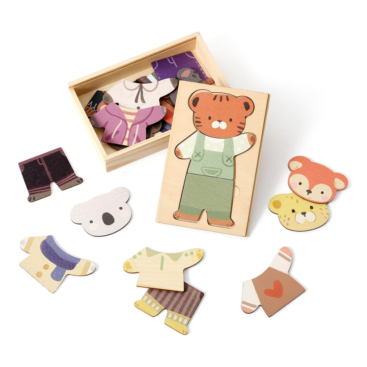 WOODEN TEETHER: Wooden Animal Dress-Up Puzzle for Ages 3+ | 21 Pieces + Storage Box