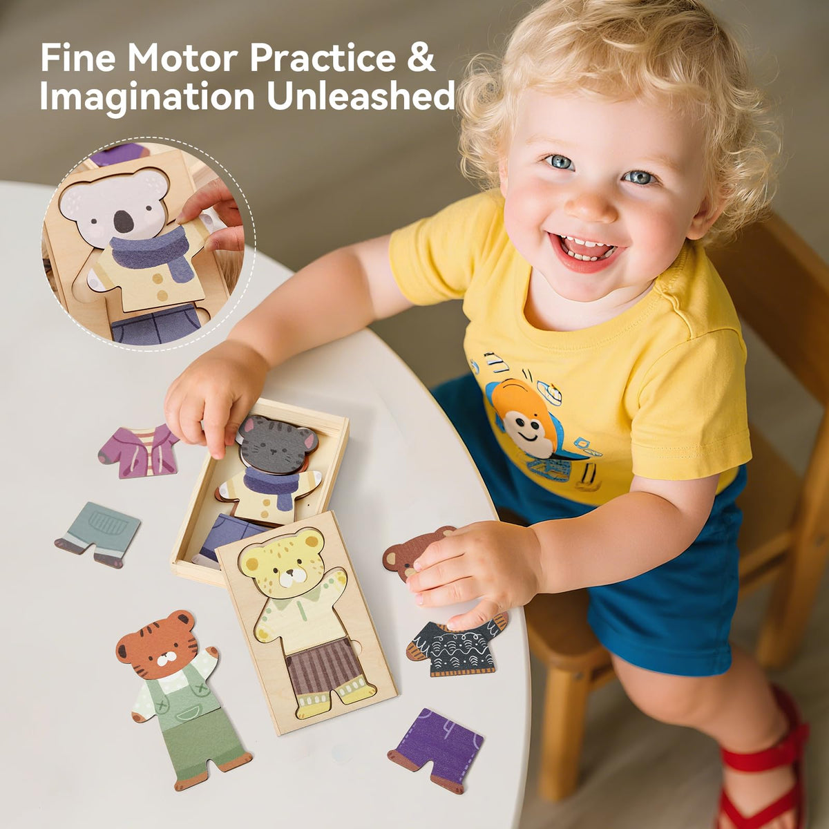 WOODEN TEETHER: Wooden Animal Dress-Up Puzzle for Ages 3+ | 21 Pieces + Storage Box