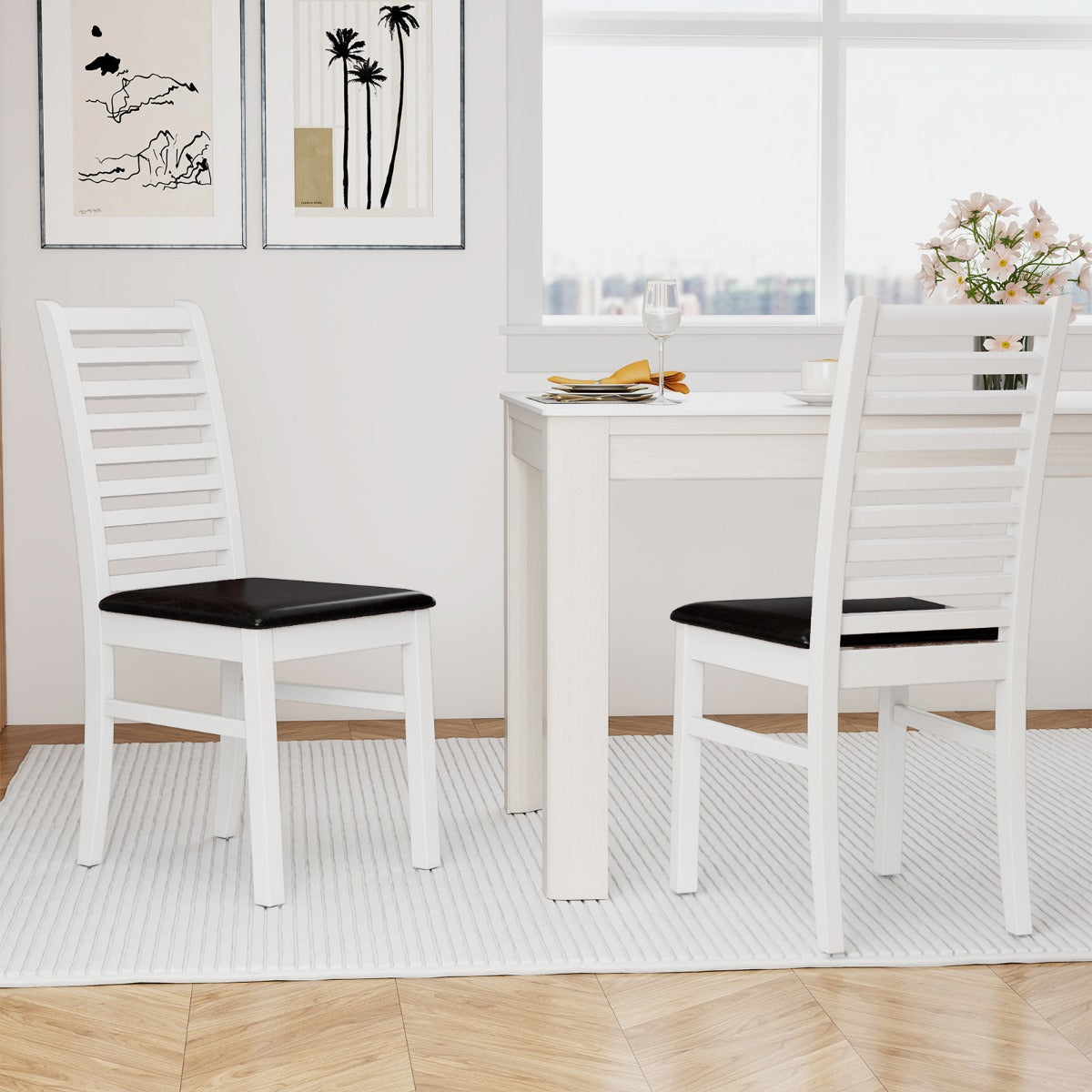 Wooden Dining Chair Set of 2 with Rubber Wood Legs and Padded Seat-Black & White