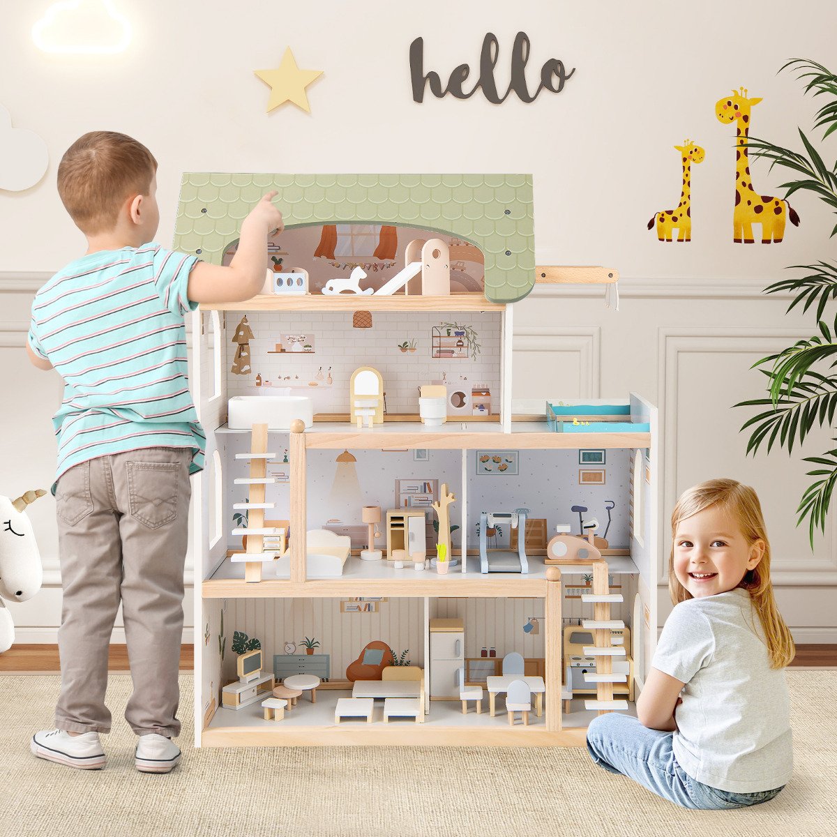 Wooden Dollhouse with 33 PCS Furniture Accessories for Girls and Boys-Green
