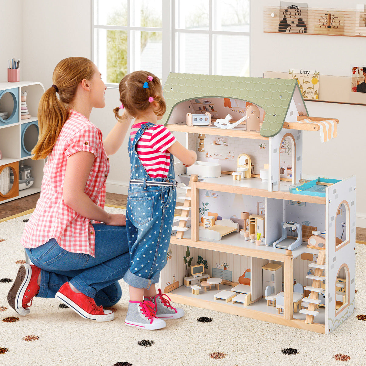 Wooden Dollhouse with 33 PCS Furniture Accessories for Girls and Boys-Green