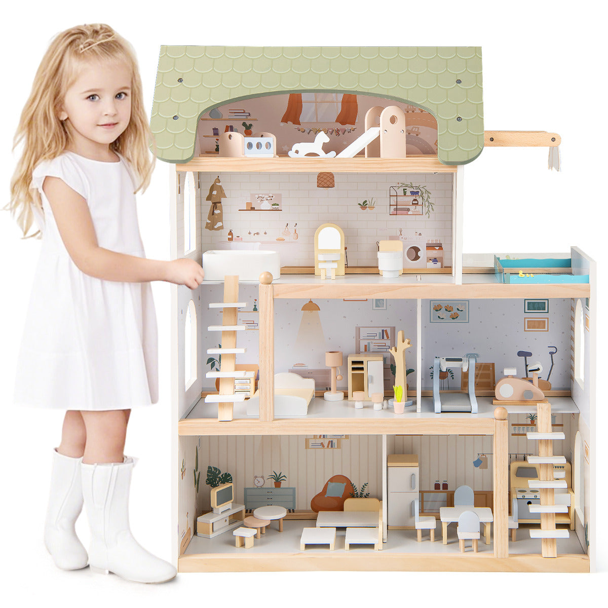 Wooden Dollhouse with 33 PCS Furniture Accessories for Girls and Boys-Green