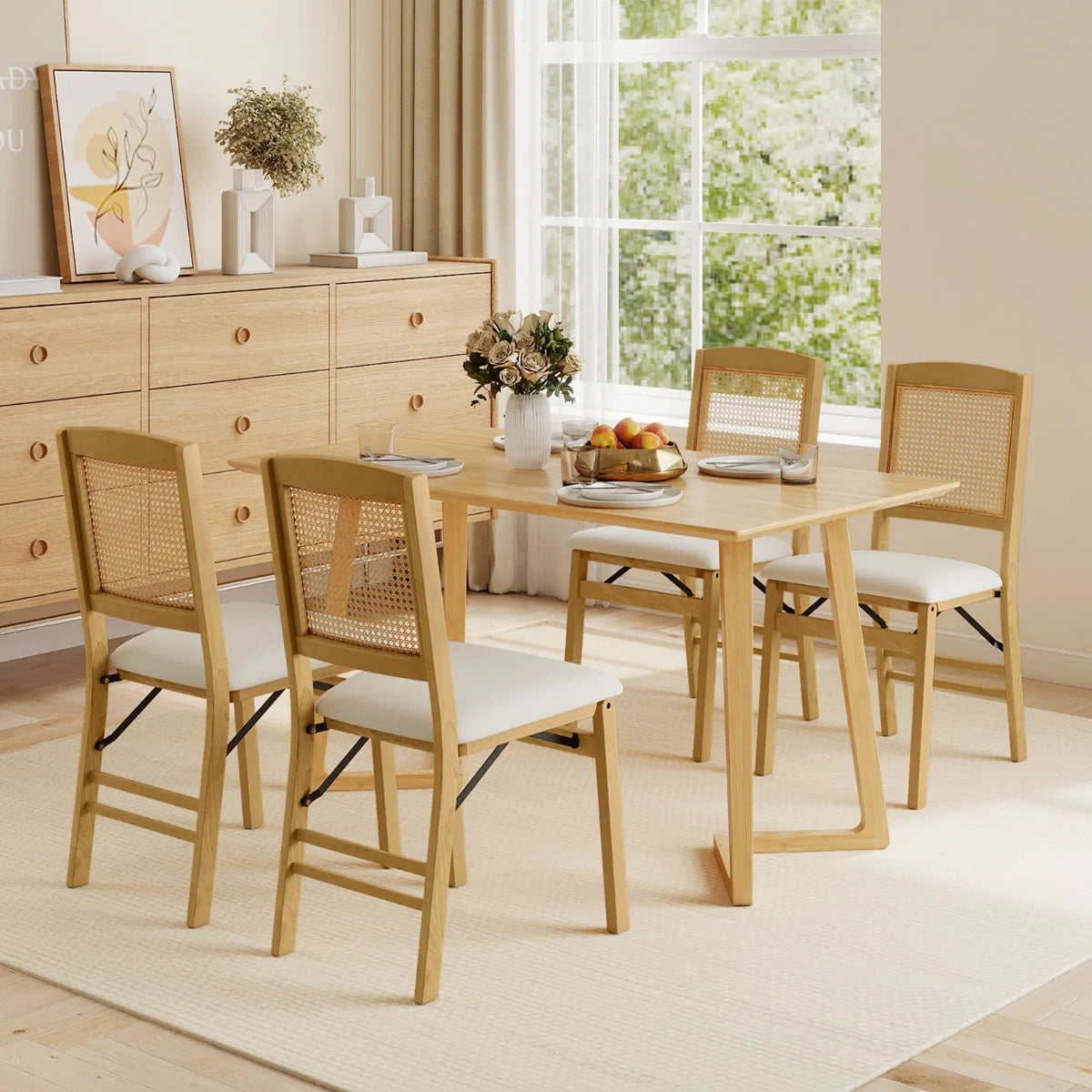 Wooden Folding Chairs Set of 2 Rustic Rubber Wood Dining Chairs with Linen Padded Seat-Brown