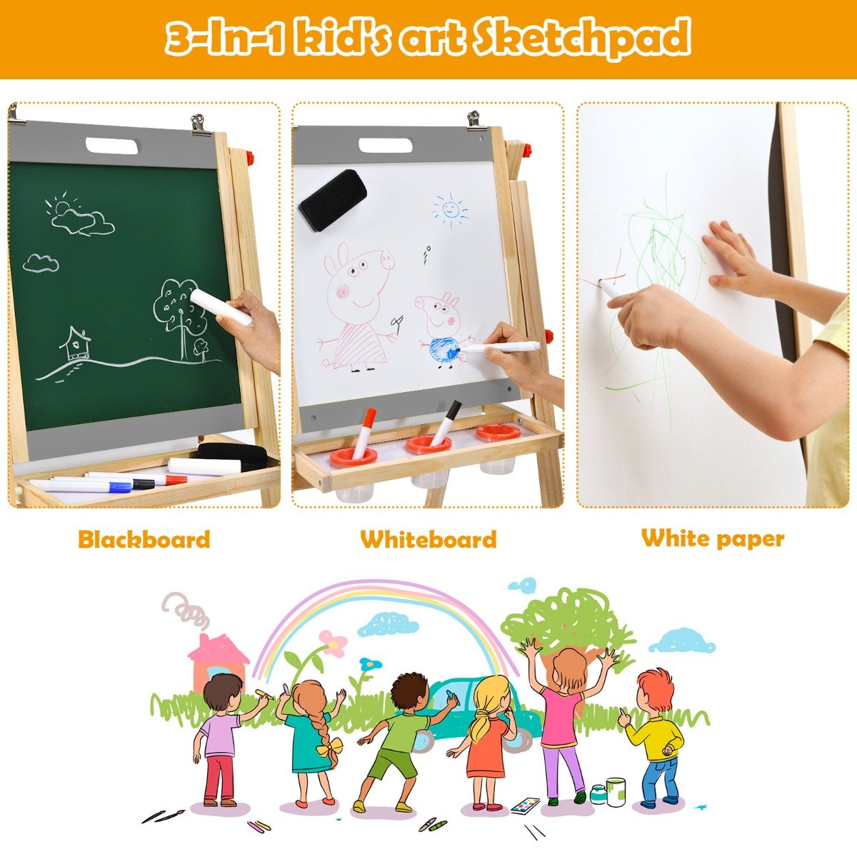 3-In-1 Wooden Kids Easel with Double Boards and Storage Tray-Grey