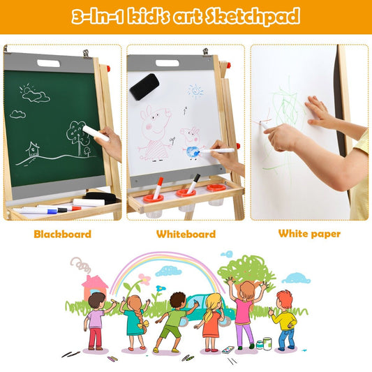 3-In-1 Wooden Kids Easel with Double Boards and Storage Tray-Grey