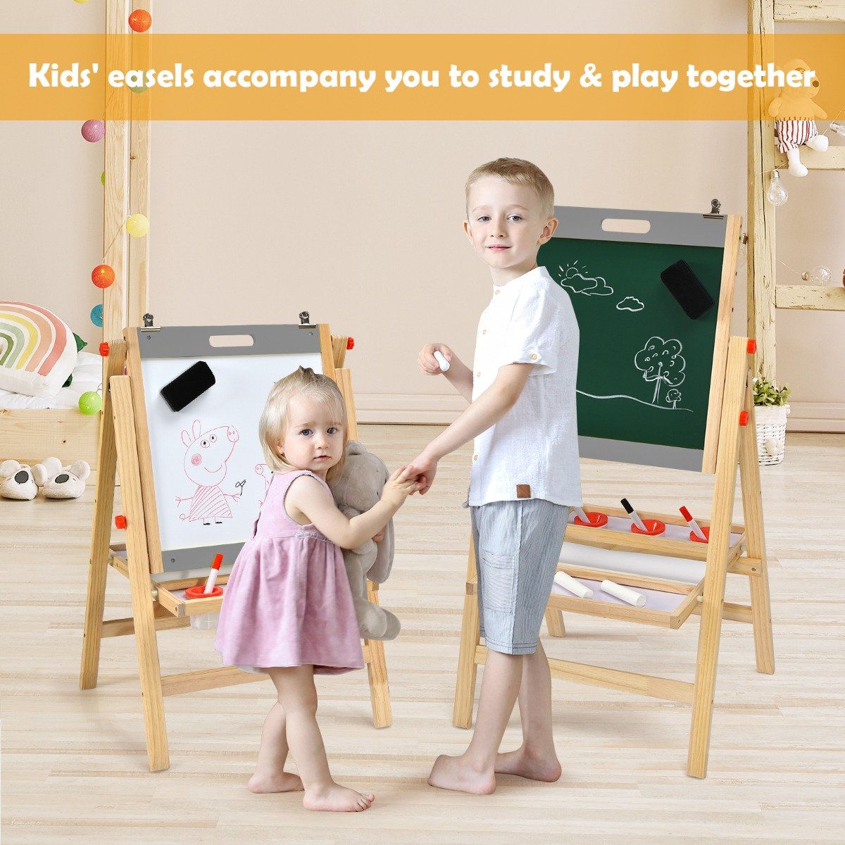 3-In-1 Wooden Kids Easel with Double Boards and Storage Tray-Grey