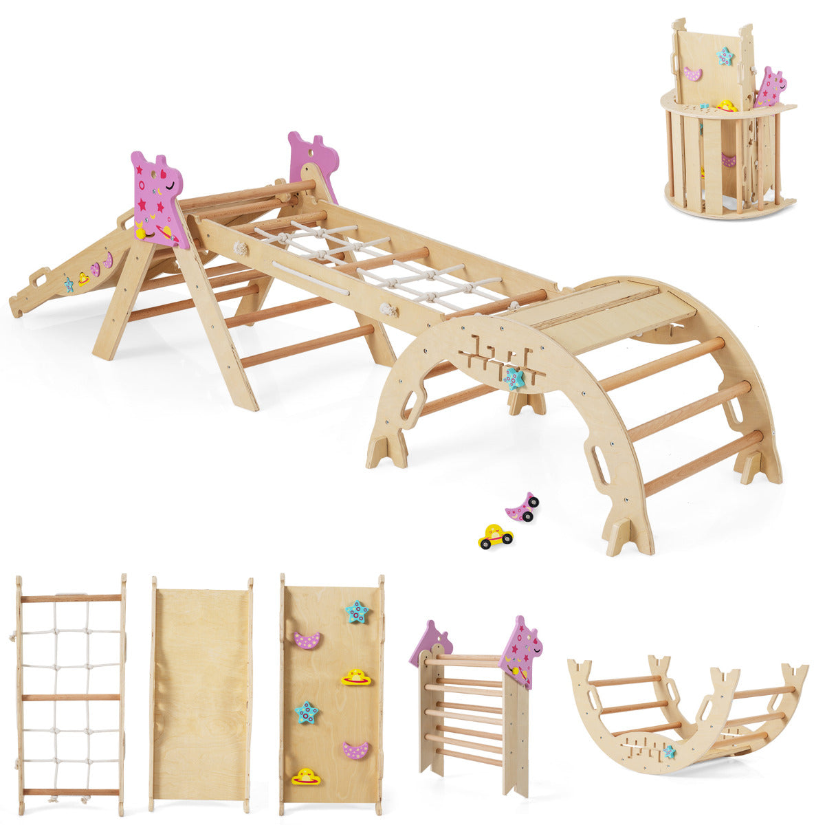 Wooden Montessori Climbing Set with Climbing Rope and Ladder-Colourful