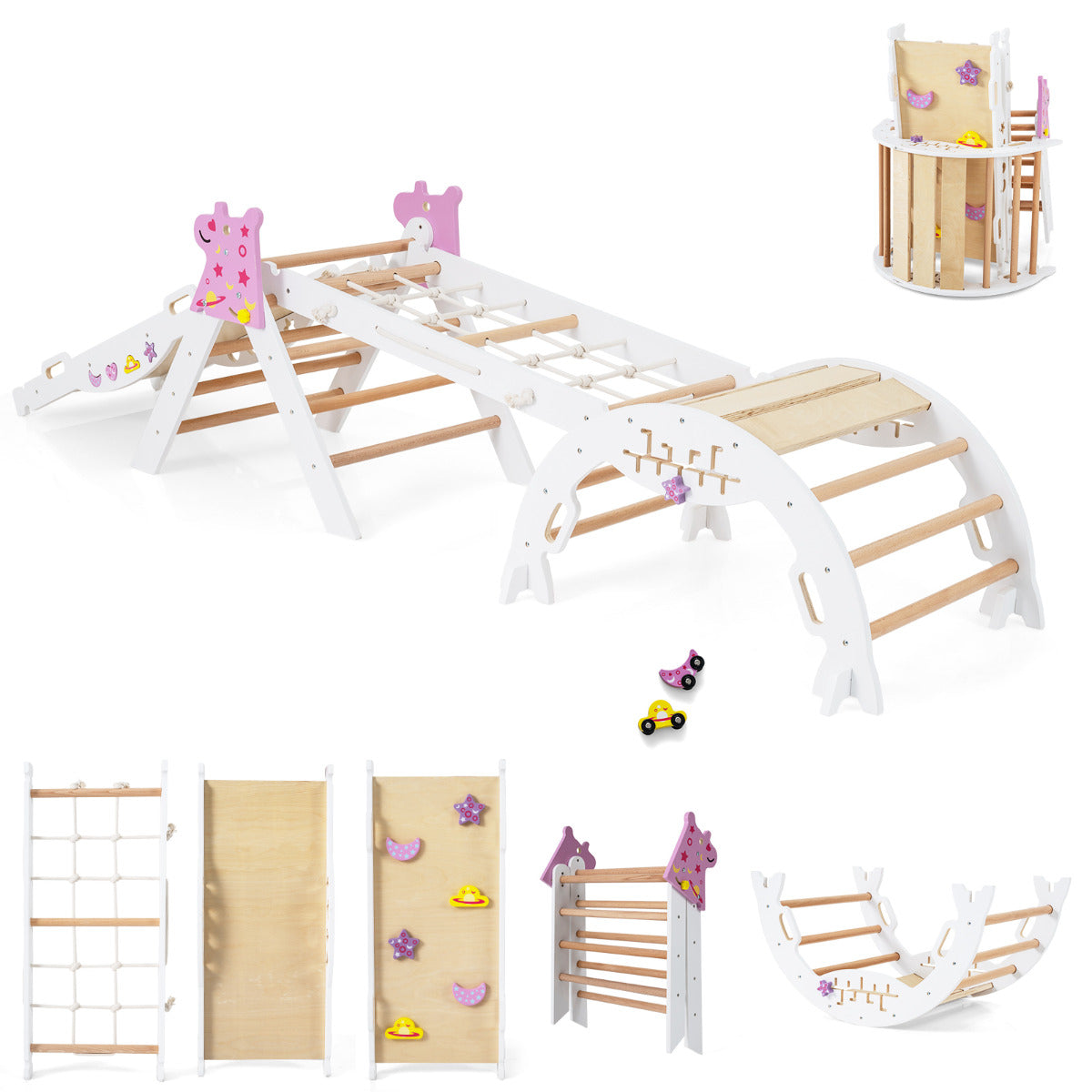 Wooden Montessori Climbing Set with Climbing Rope and Ladder-Colourful