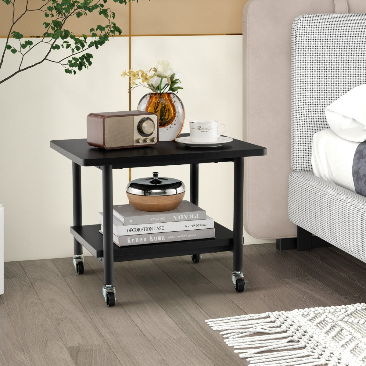 2 Tier Wooden Printer Stand with 360° Swivel Casters-White