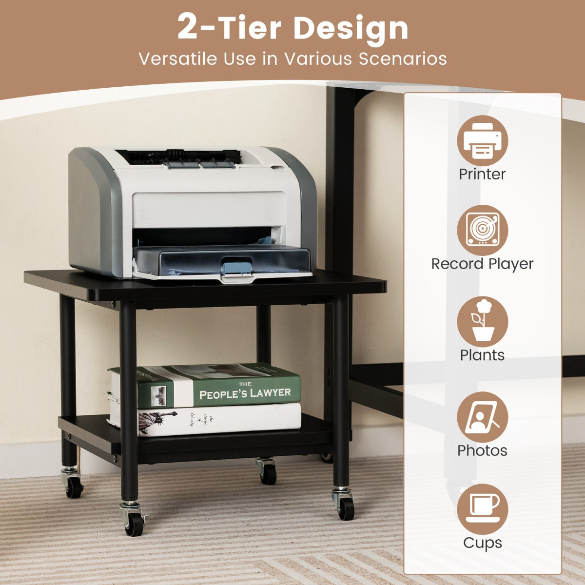 2 Tier Wooden Printer Stand with 360° Swivel Casters-White