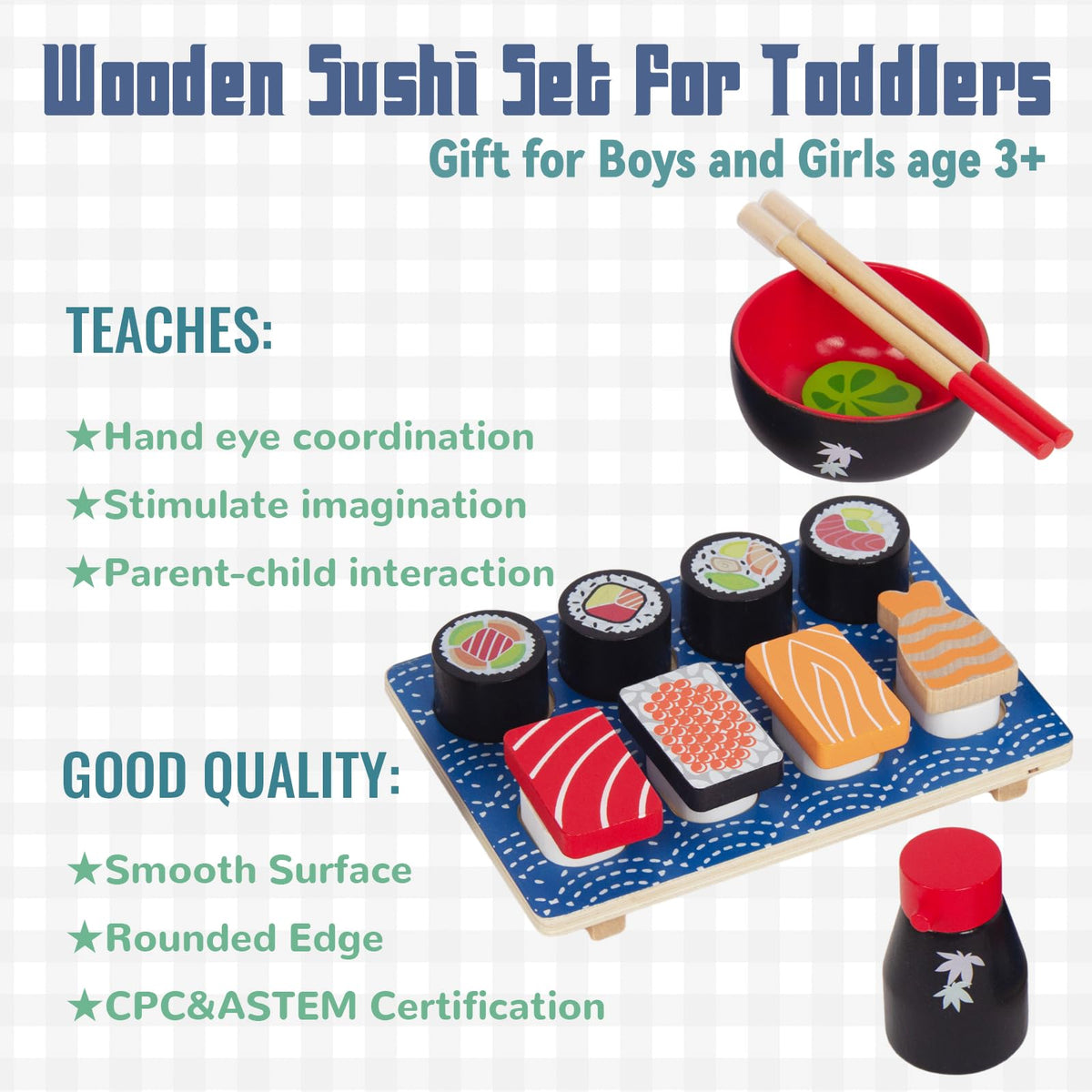 WoodenEdu Sushi Slicing Play Set – Wooden Pretend Sushi for Kids 3+ | Safe, Eco-Friendly Kitchen Toys