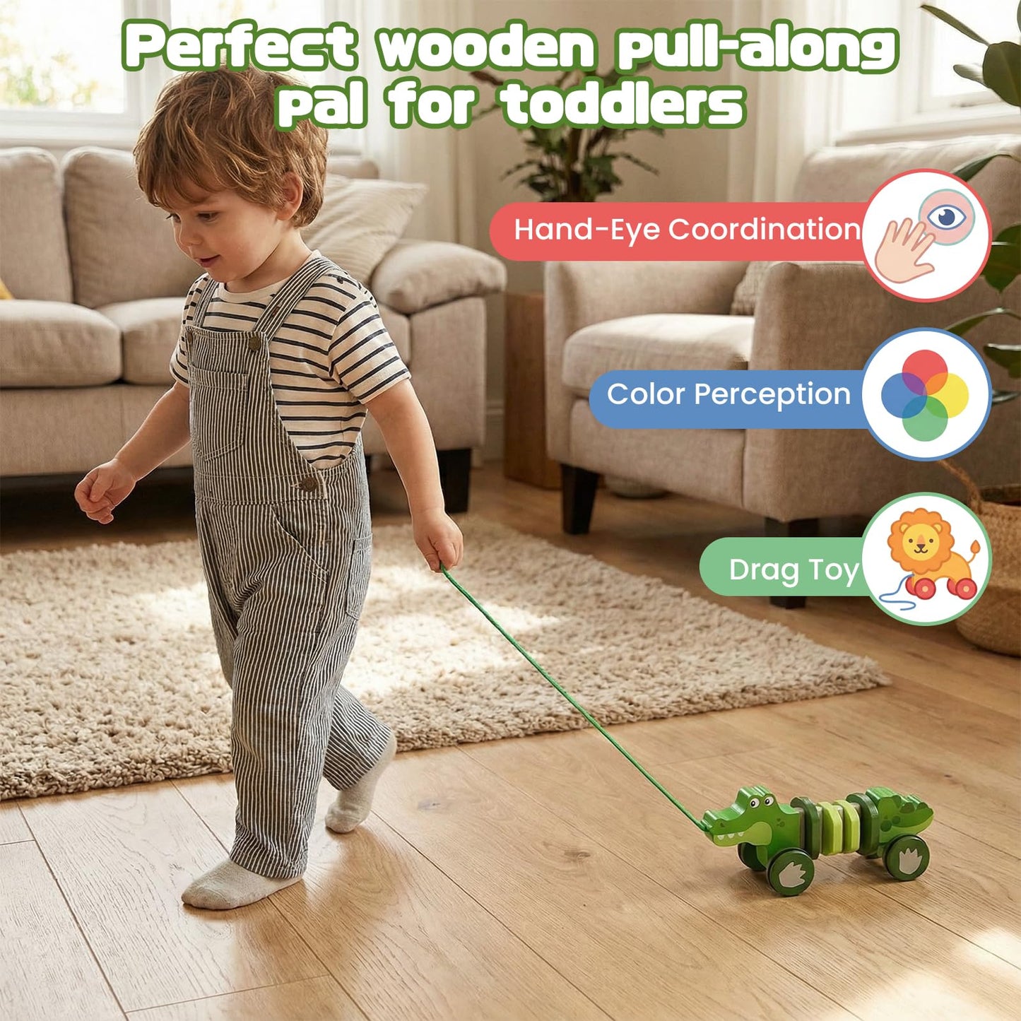 WoodenEdu Crocodile Pull Toy – Wooden Pull Along for Toddlers (Ages 1+) | Safe FSC Wood