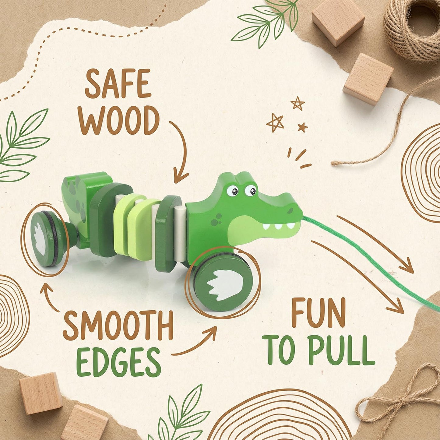 WoodenEdu Crocodile Pull Toy – Wooden Pull Along for Toddlers (Ages 1+) | Safe FSC Wood