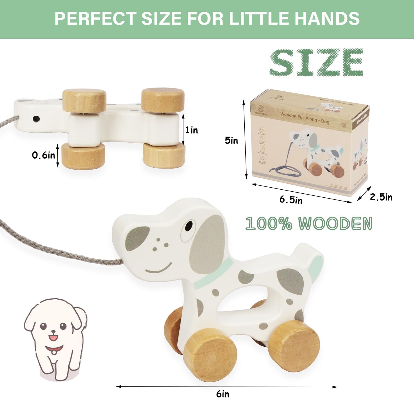 WoodenEdu Dog Pull Toy – Wooden Baby Toy for Crawling, Walking & Toddler Play