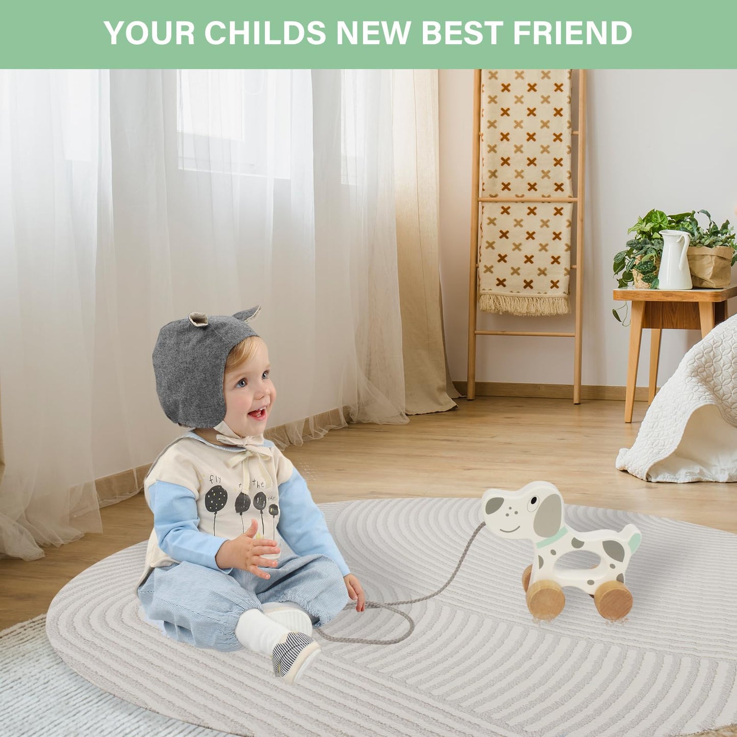 WoodenEdu Dog Pull Toy – Wooden Baby Toy for Crawling, Walking & Toddler Play
