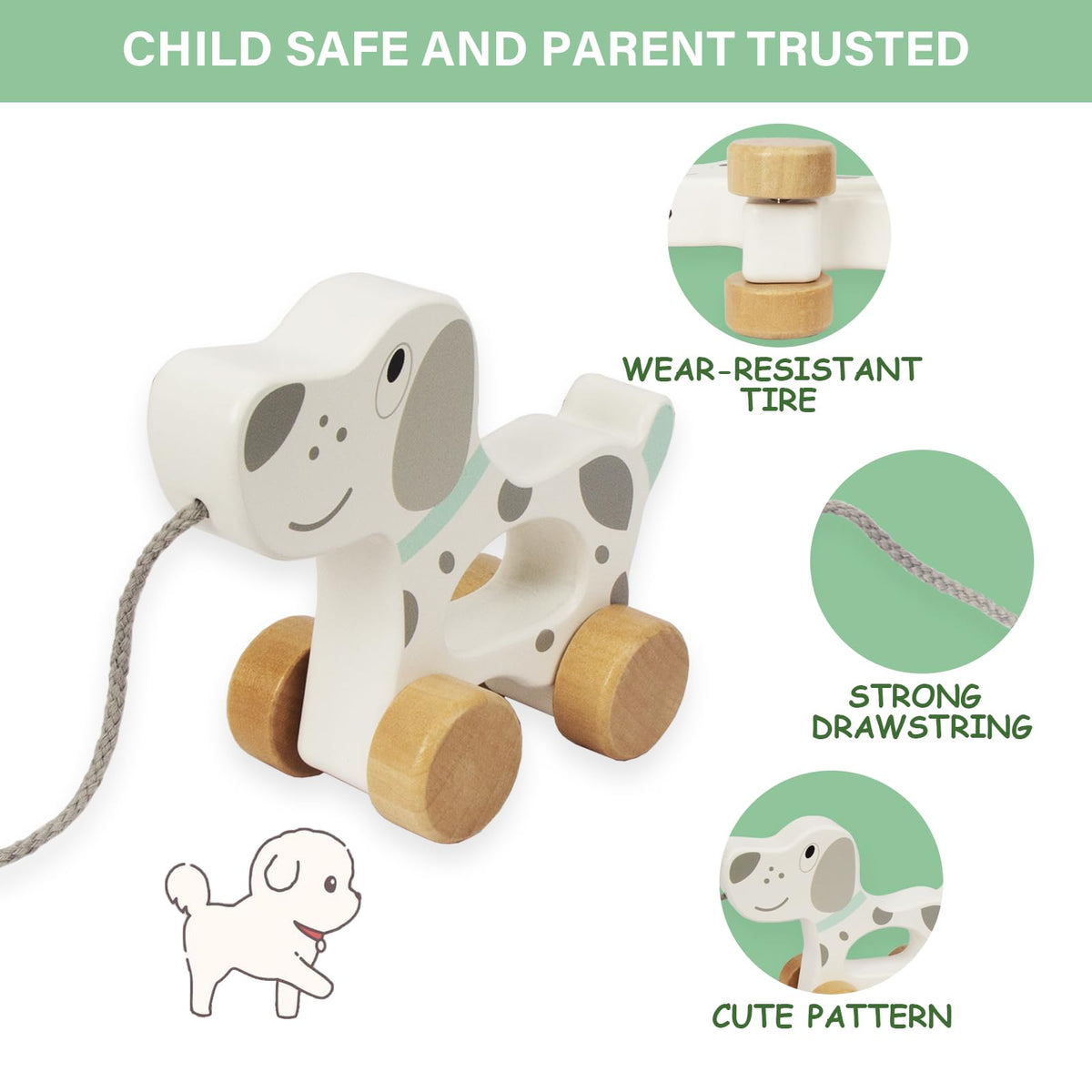 WoodenEdu Dog Pull Toy – Wooden Baby Toy for Crawling, Walking & Toddler Play