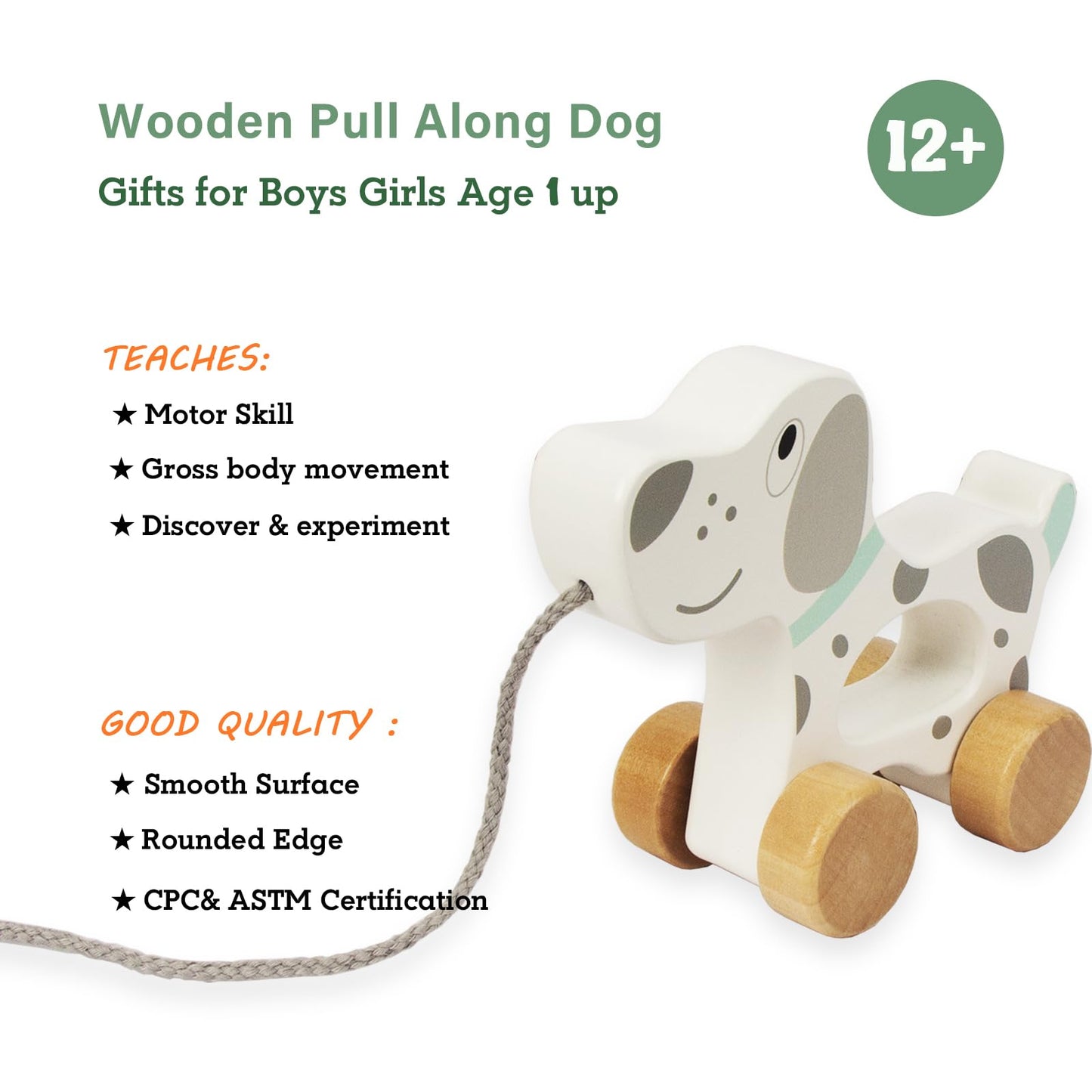 WoodenEdu Dog Pull Toy – Wooden Baby Toy for Crawling, Walking & Toddler Play