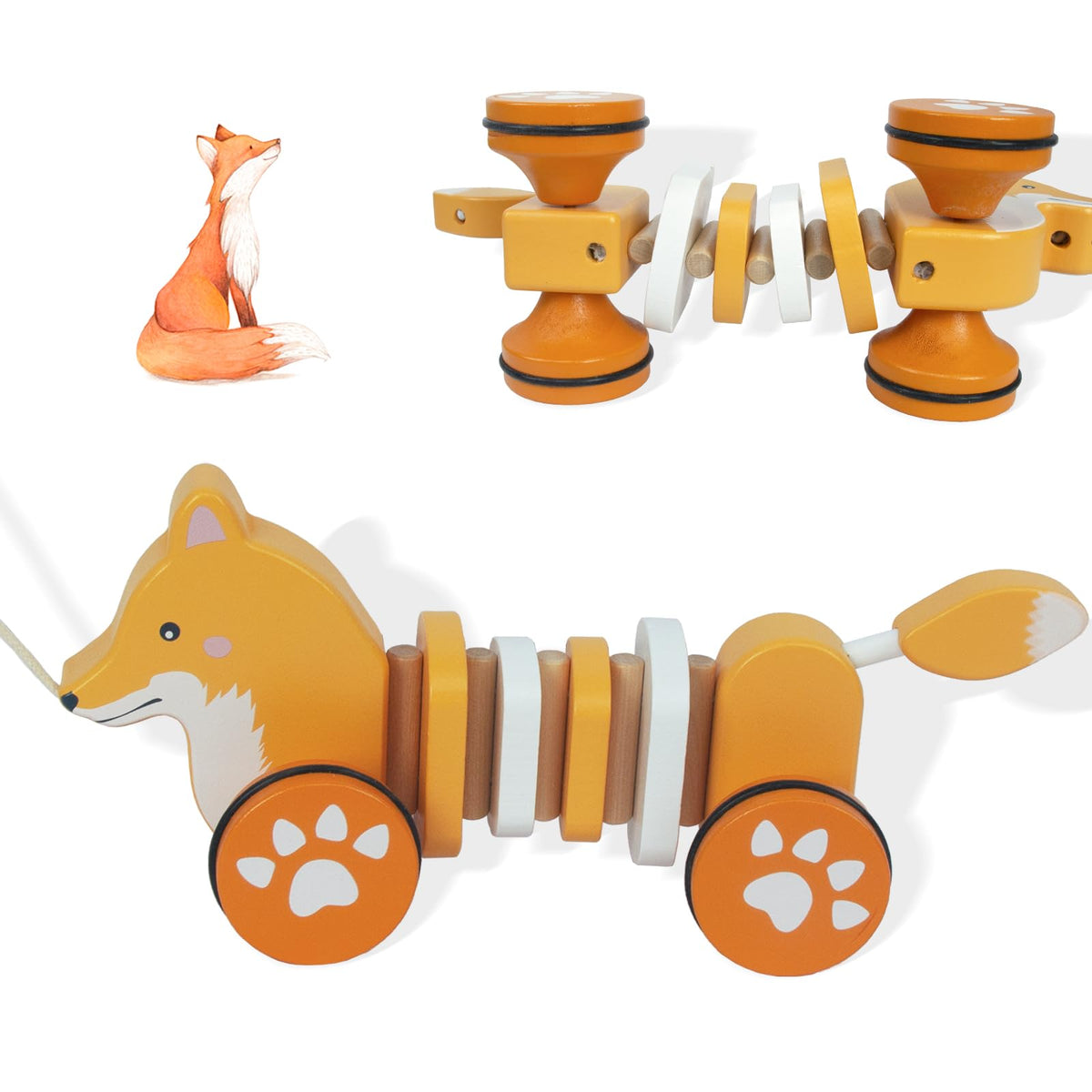 WoodenEdu Fox Pull Toy – FSC-Certified Wooden Toddler Toy for Crawling