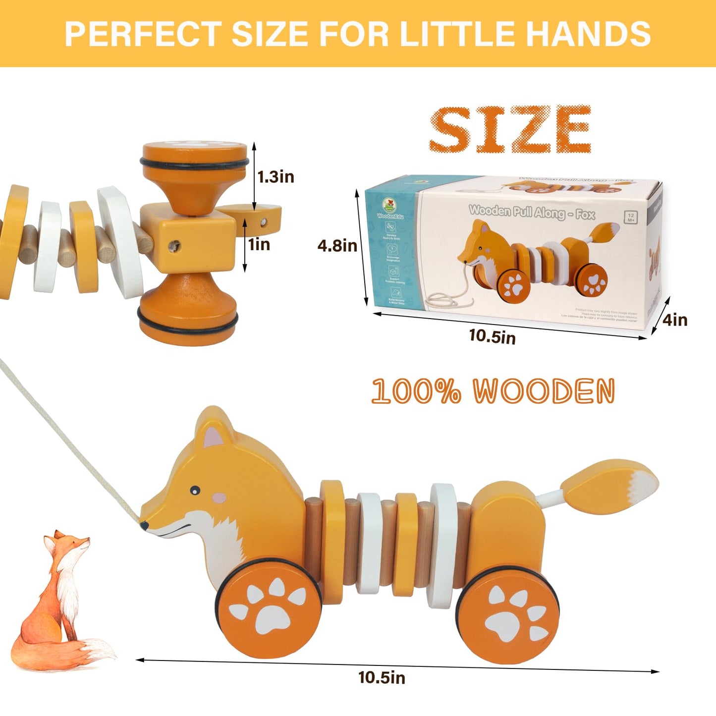 WoodenEdu Fox Pull Toy – FSC-Certified Wooden Toddler Toy for Crawling