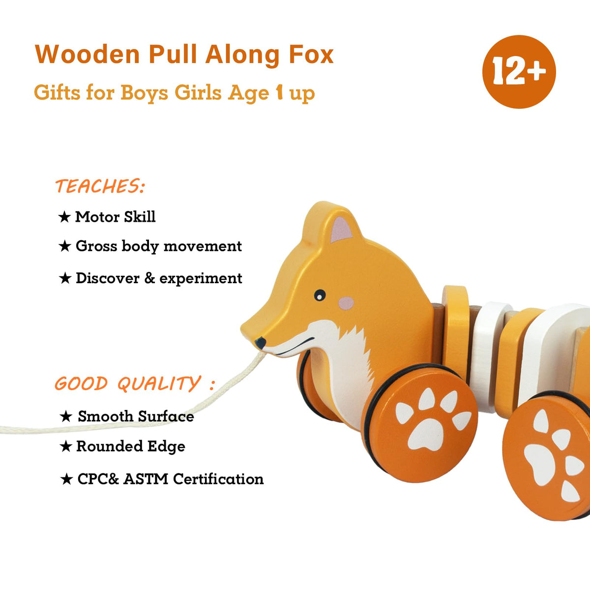 WoodenEdu Fox Pull Toy – FSC-Certified Wooden Toddler Toy for Crawling