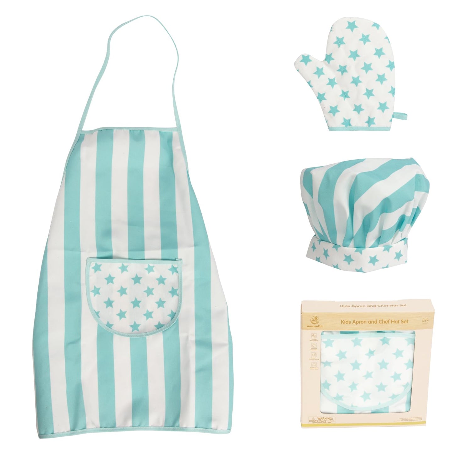 WoodenEdu Kid Apron and Chef Hat Set - 3 Pcs Blue for Cooking, Baking & Role Play | Gift for Kids