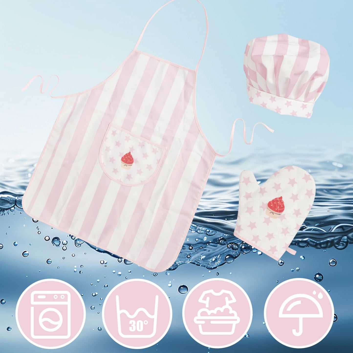 WoodenEdu Kid Apron & Chef Hat Set (Pink) – 3-Piece Kids Cooking Kit