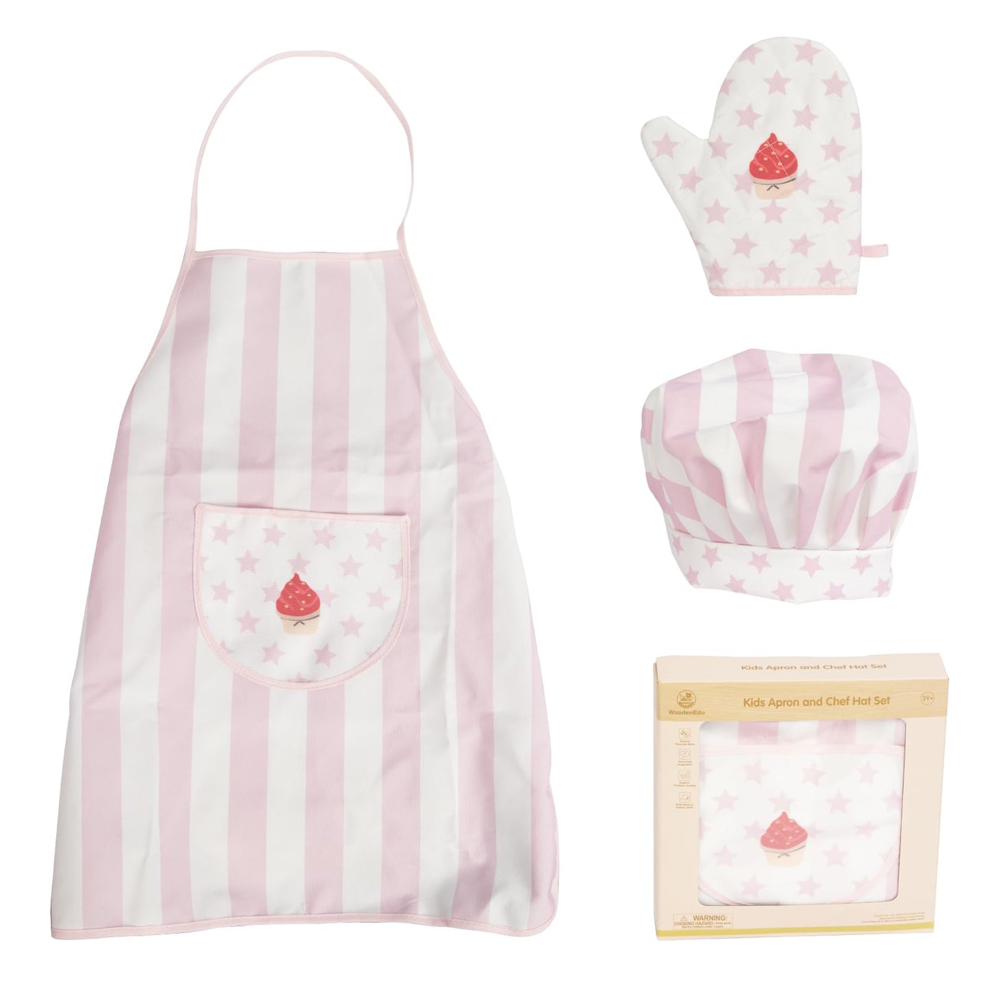 WoodenEdu Kid Apron & Chef Hat Set (Pink) – 3-Piece Kids Cooking Kit