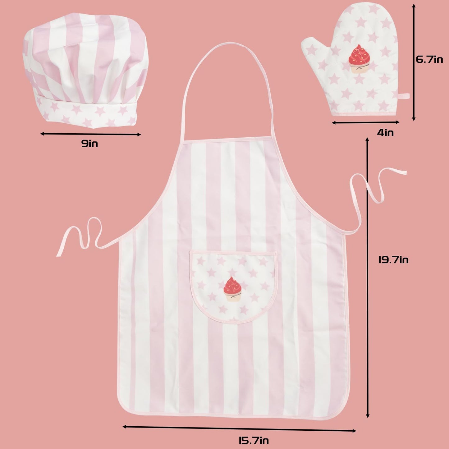 WoodenEdu Kid Apron & Chef Hat Set (Pink) – 3-Piece Kids Cooking Kit
