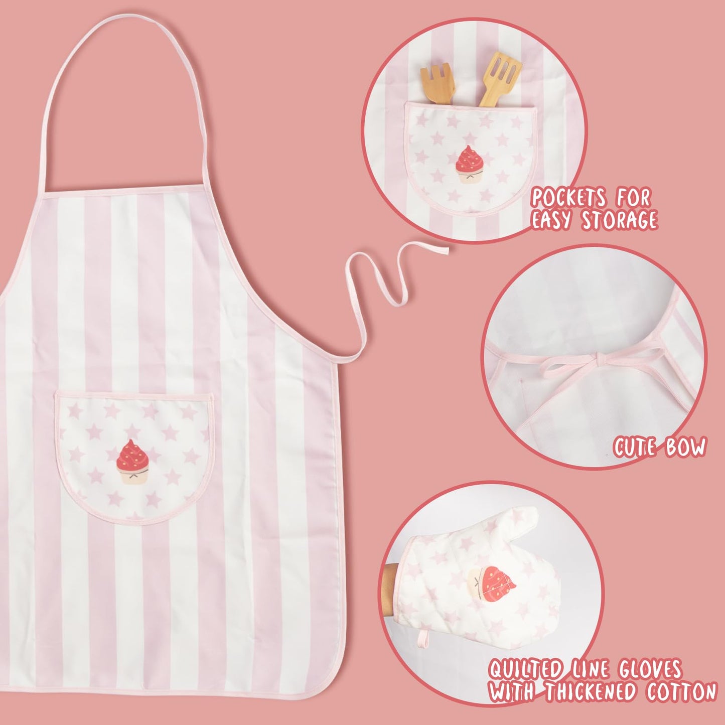 WoodenEdu Kid Apron & Chef Hat Set (Pink) – 3-Piece Kids Cooking Kit