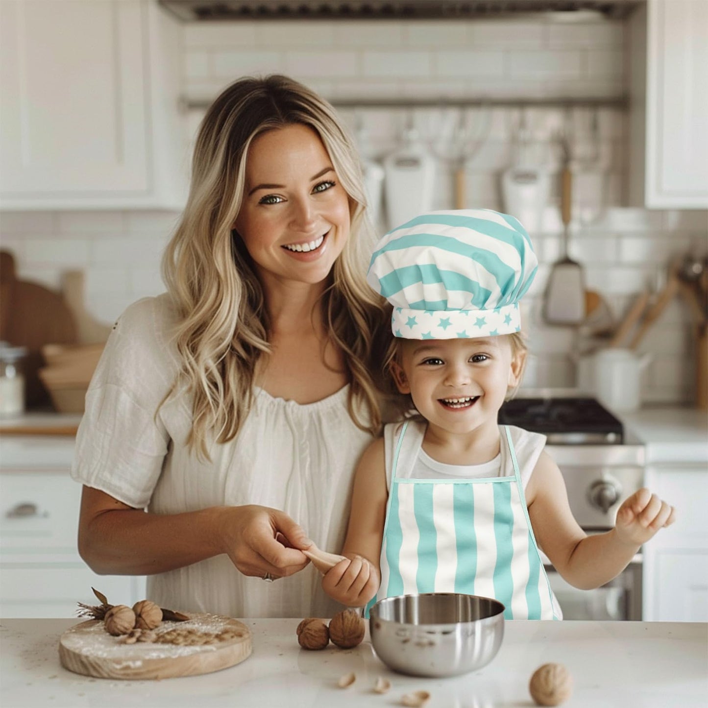 WoodenEdu Kid Apron and Chef Hat Set - 3 Pcs Blue for Cooking, Baking & Role Play | Gift for Kids