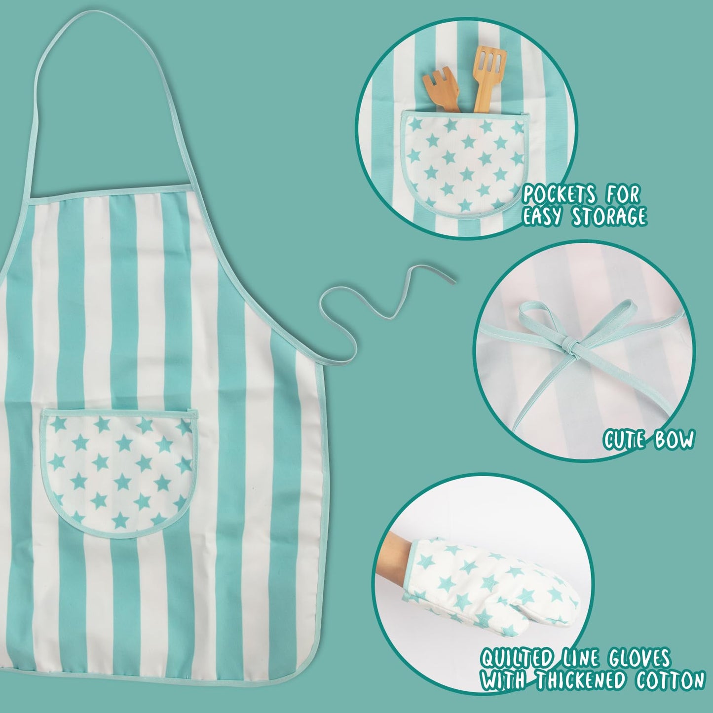 WoodenEdu Kid Apron and Chef Hat Set - 3 Pcs Blue for Cooking, Baking & Role Play | Gift for Kids