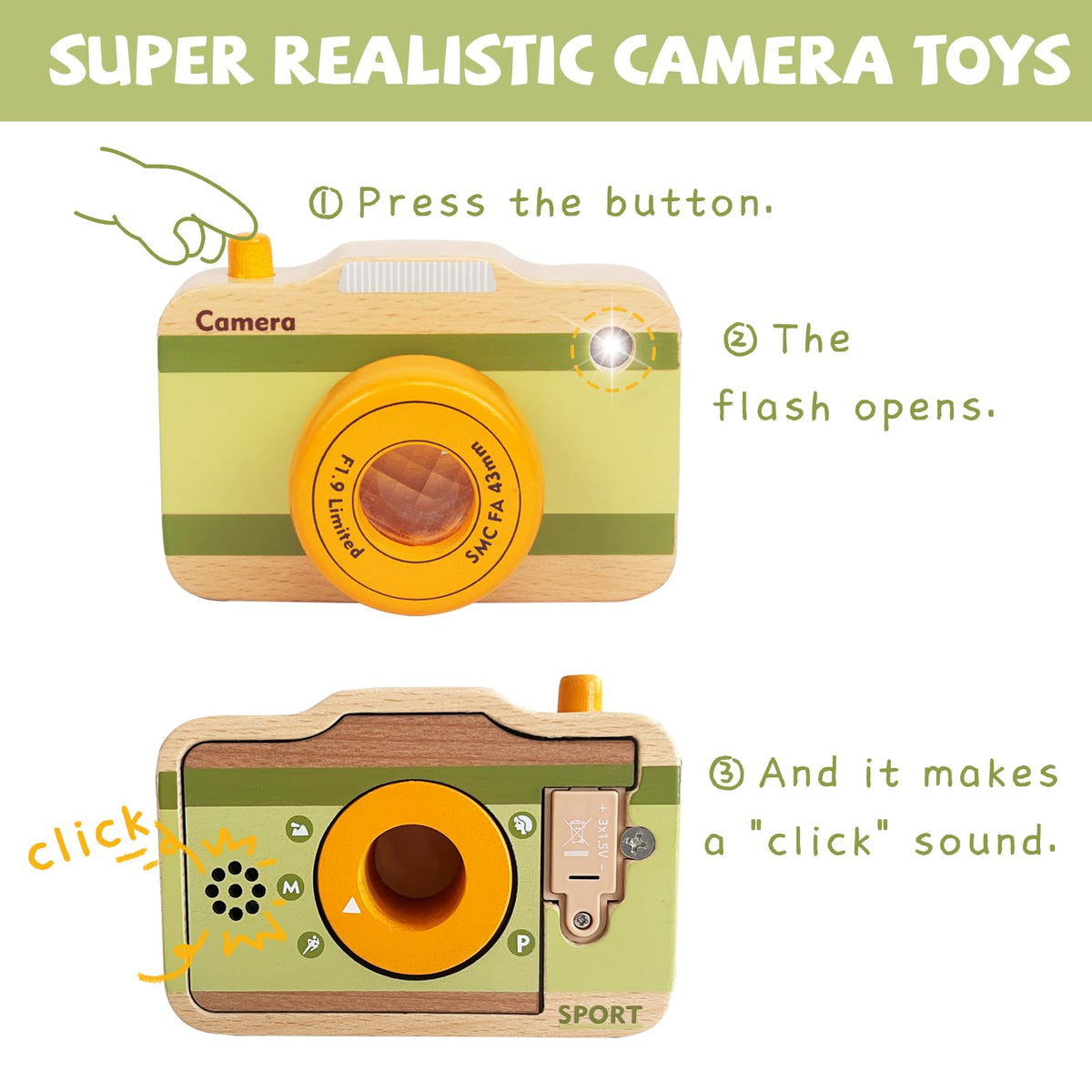 WoodenEdu Wooden Mini Pretend Camera Toy - Real Sounds and Lights for Toddlers