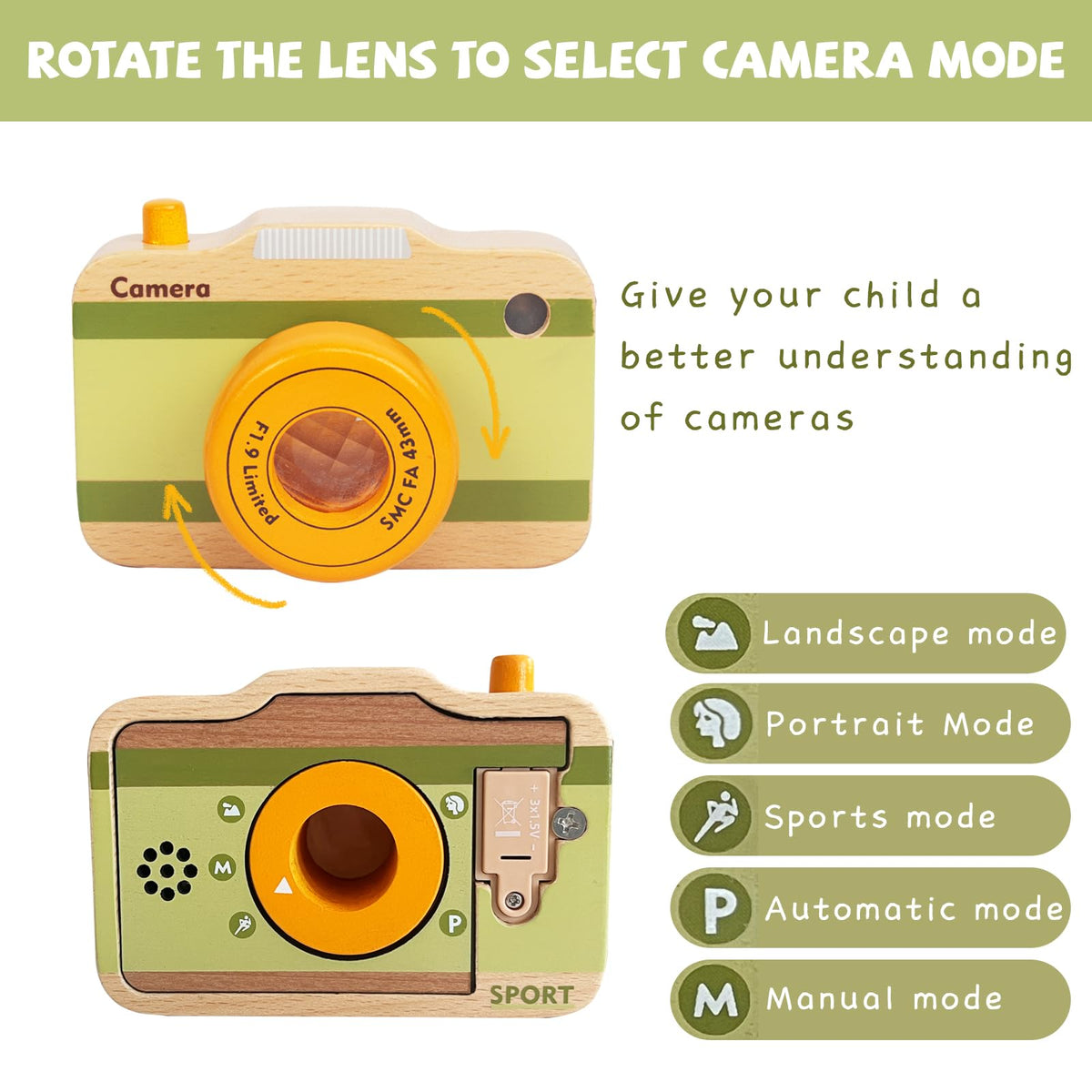 WoodenEdu Wooden Mini Pretend Camera Toy - Real Sounds and Lights for Toddlers