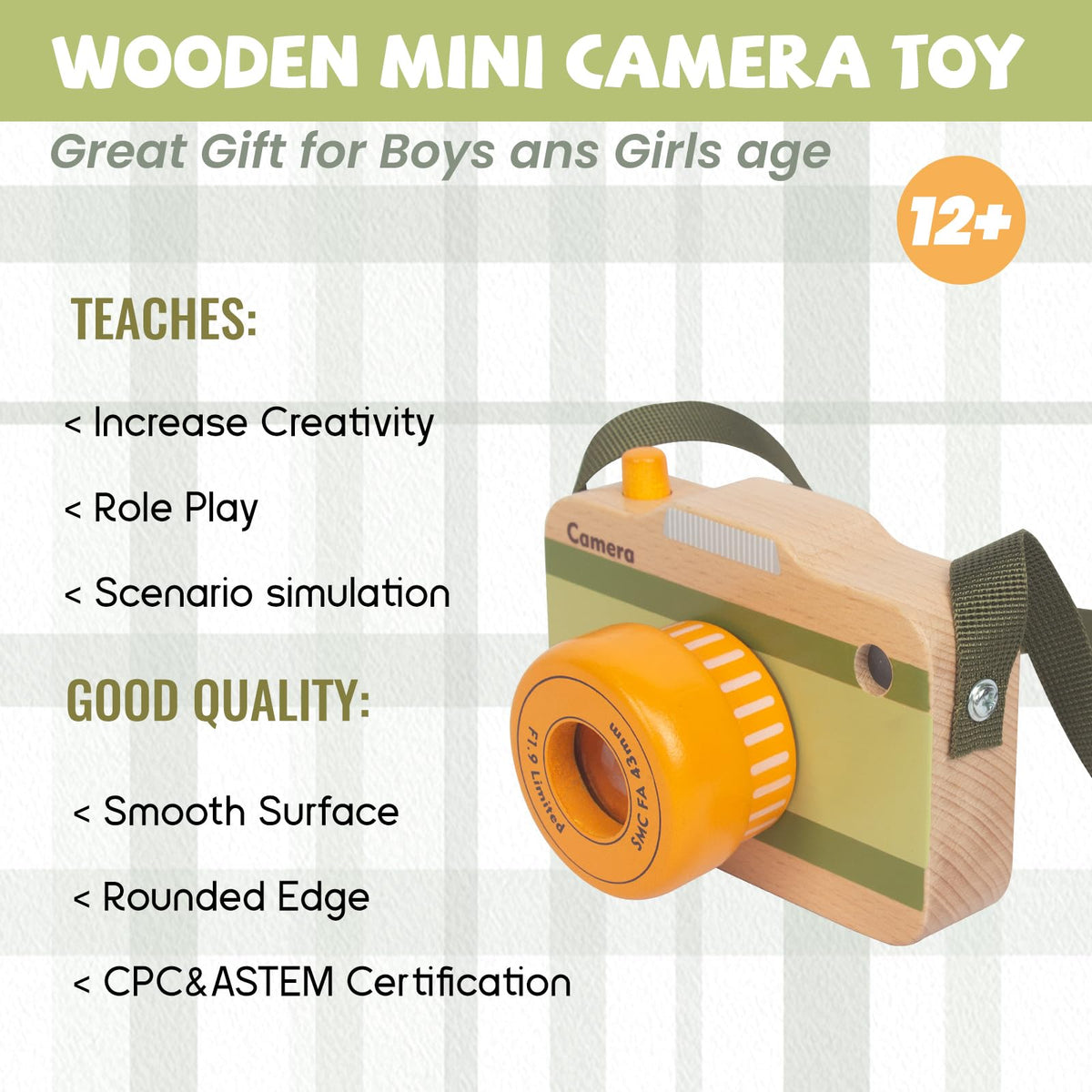 WoodenEdu Wooden Mini Pretend Camera Toy - Real Sounds and Lights for Toddlers