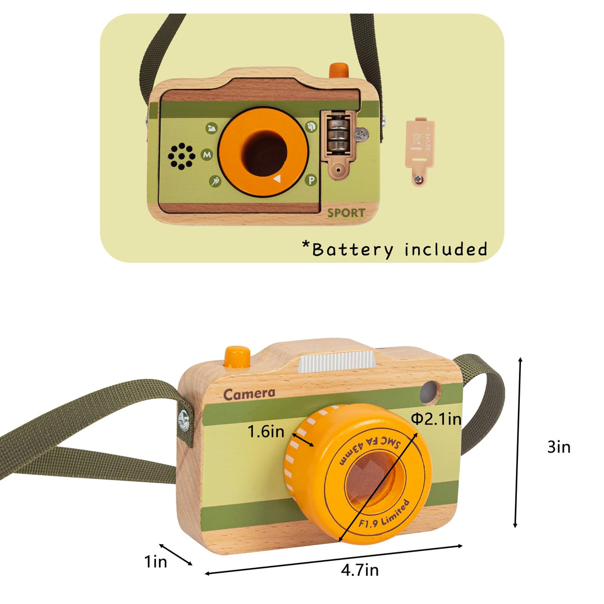 WoodenEdu Wooden Mini Pretend Camera Toy - Real Sounds and Lights for Toddlers